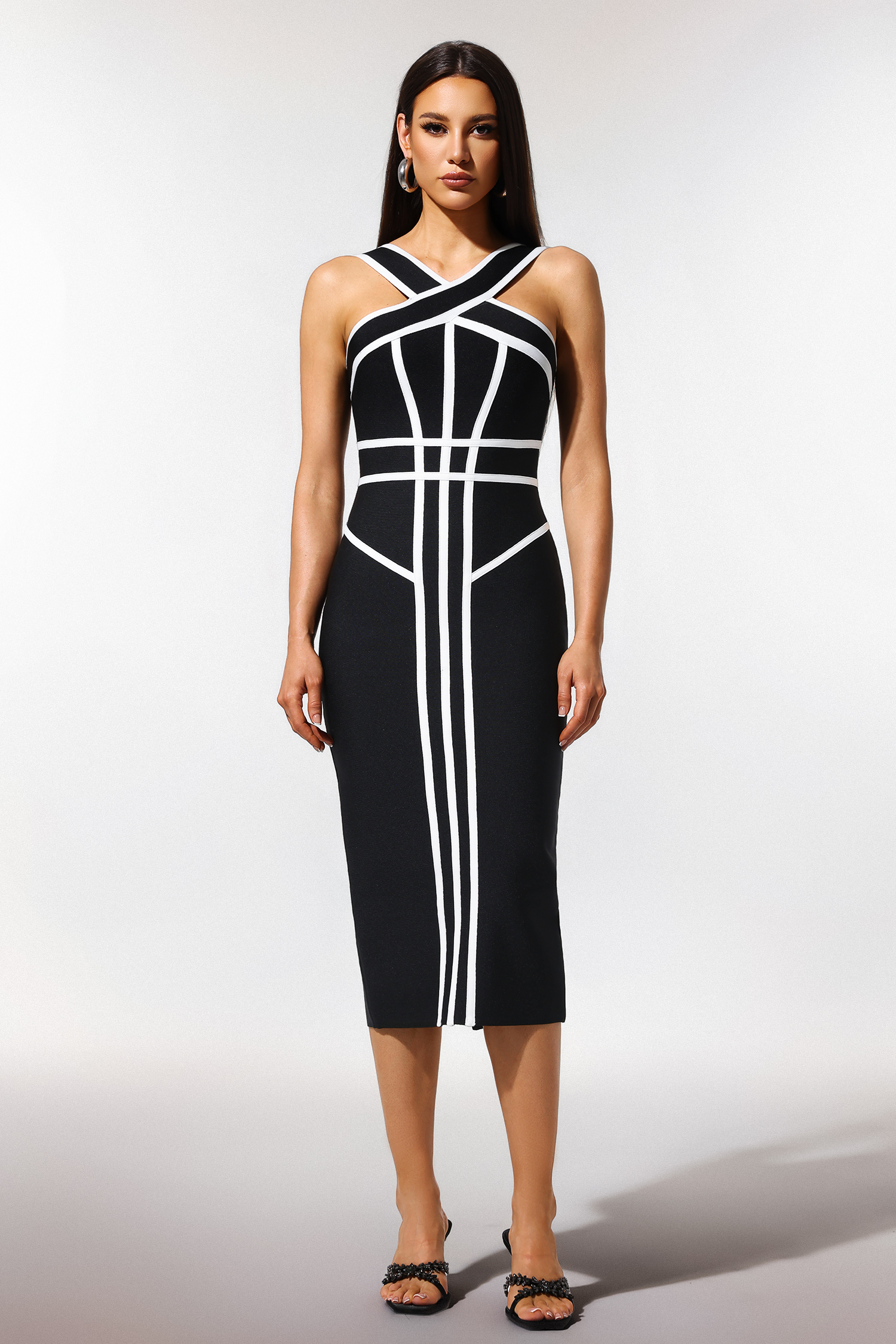 Serren Halter Sleeveless Stripes Bandage Maxi Dress