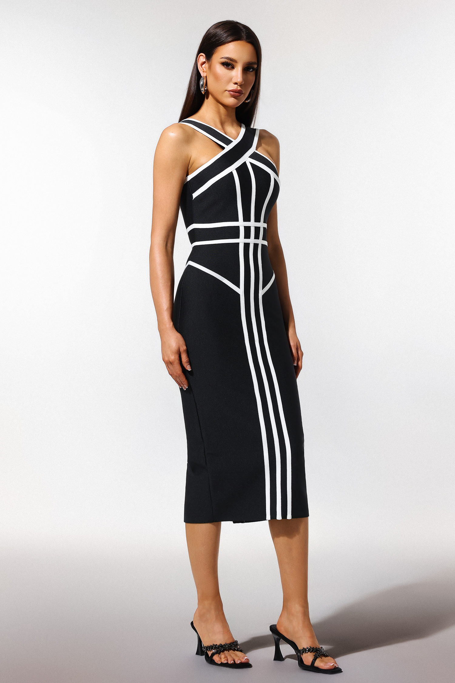 Serren Halter Sleeveless Stripes Bandage Maxi Dress