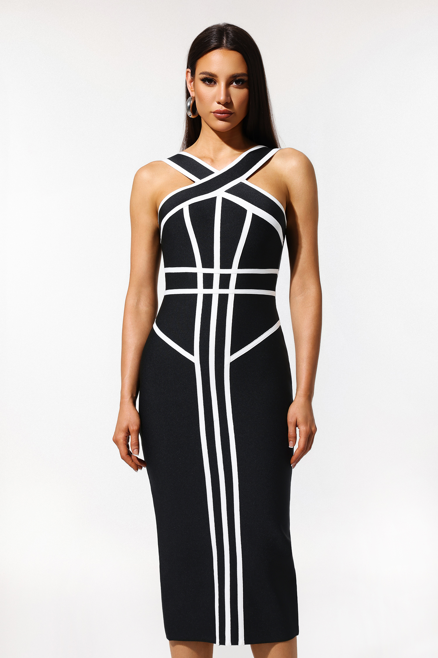 Serren Halter Sleeveless Stripes Bandage Maxi Dress