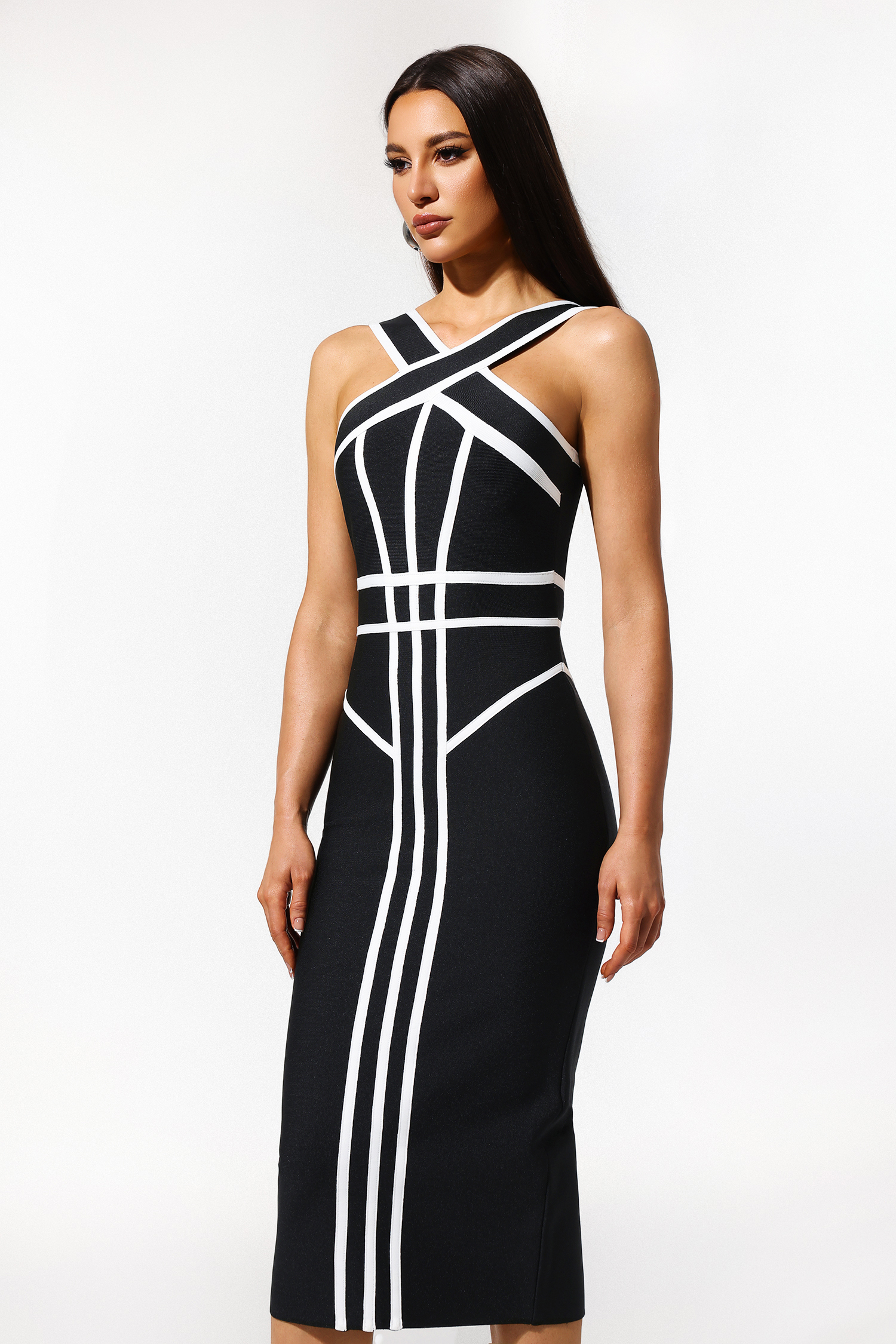 Serren Halter Sleeveless Stripes Bandage Maxi Dress