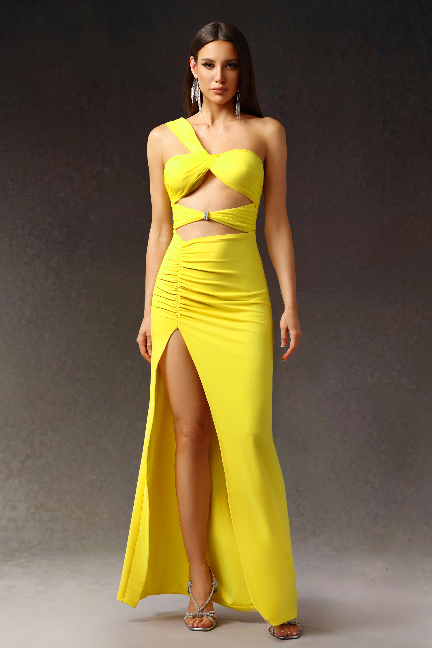 Vira One Shoulder Mesh Slit Maxi Dress