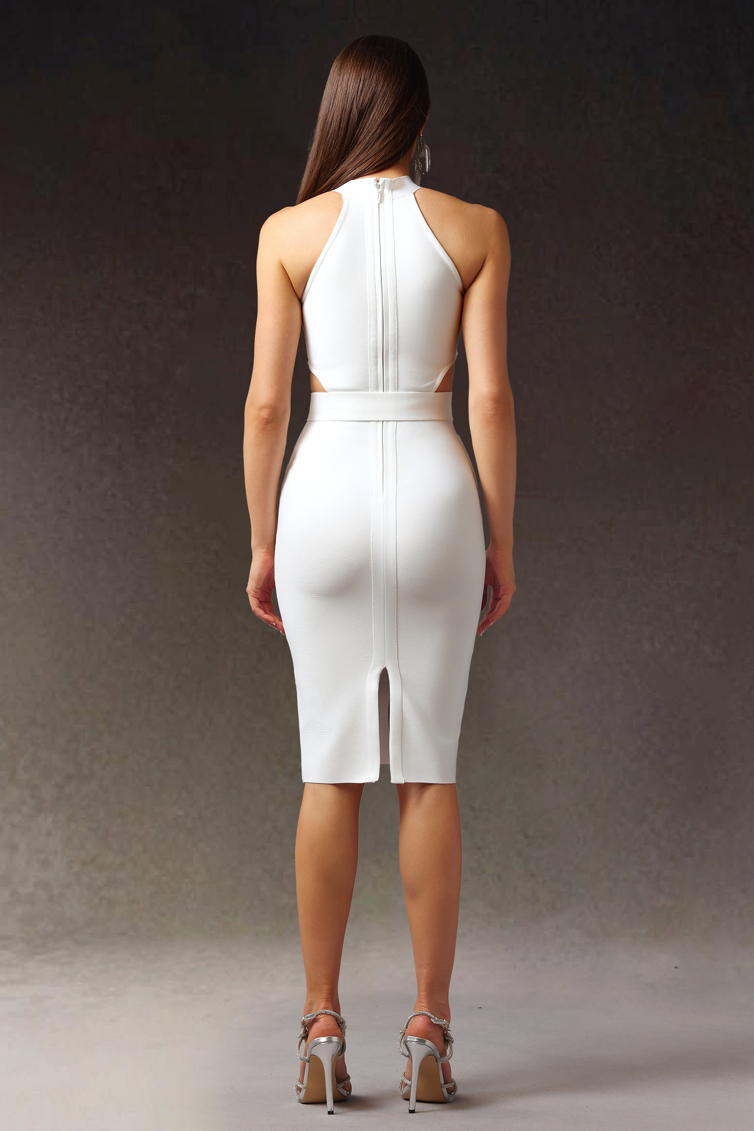 Racaco Halter Hollowed Out Belt Bandage Midi Dress