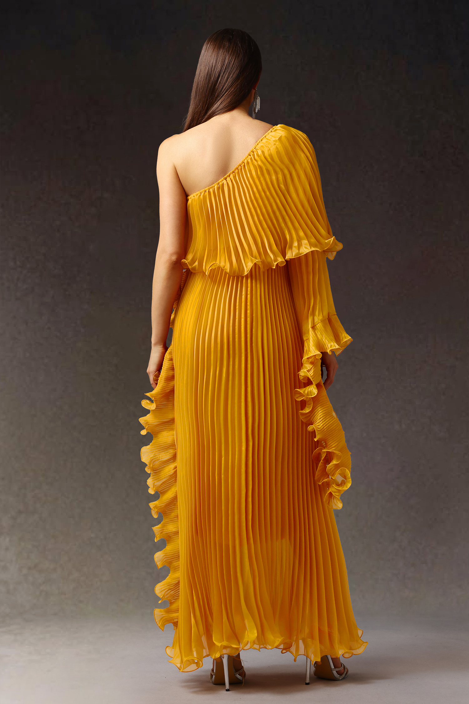 Enene One Shoulder Long Sleeves Fold Maxi Dress