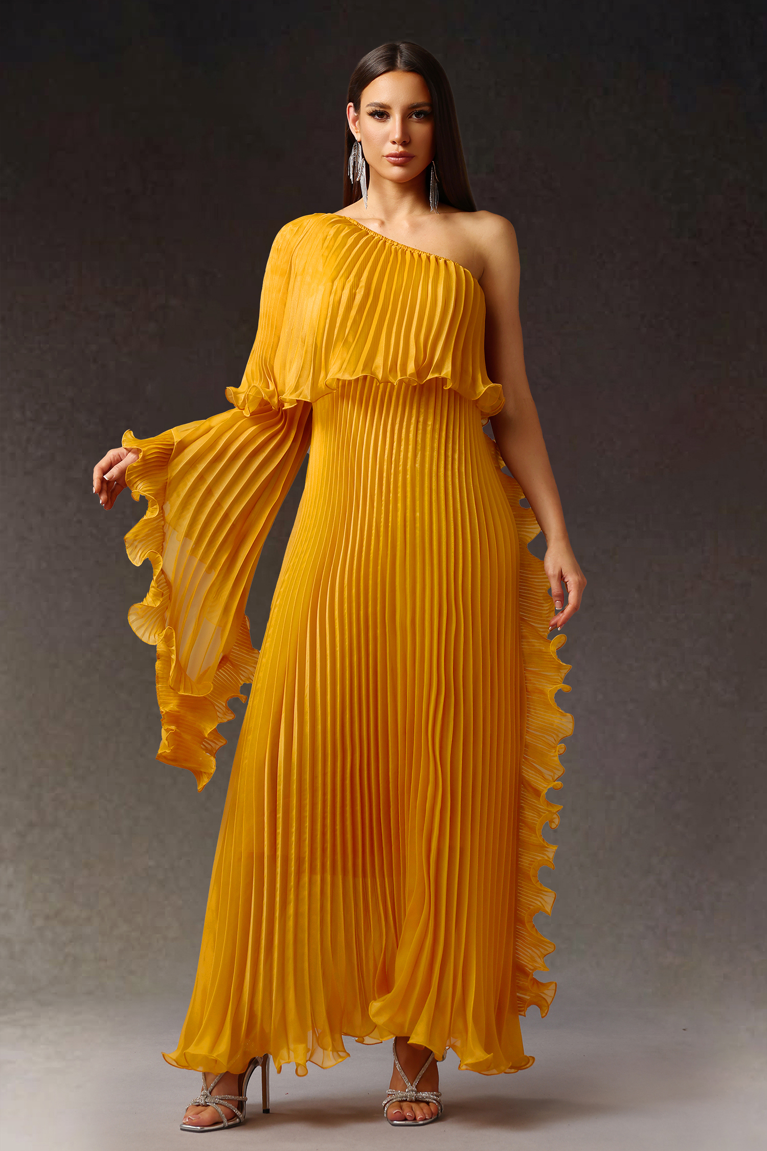 Enene One Shoulder Long Sleeves Fold Maxi Dress