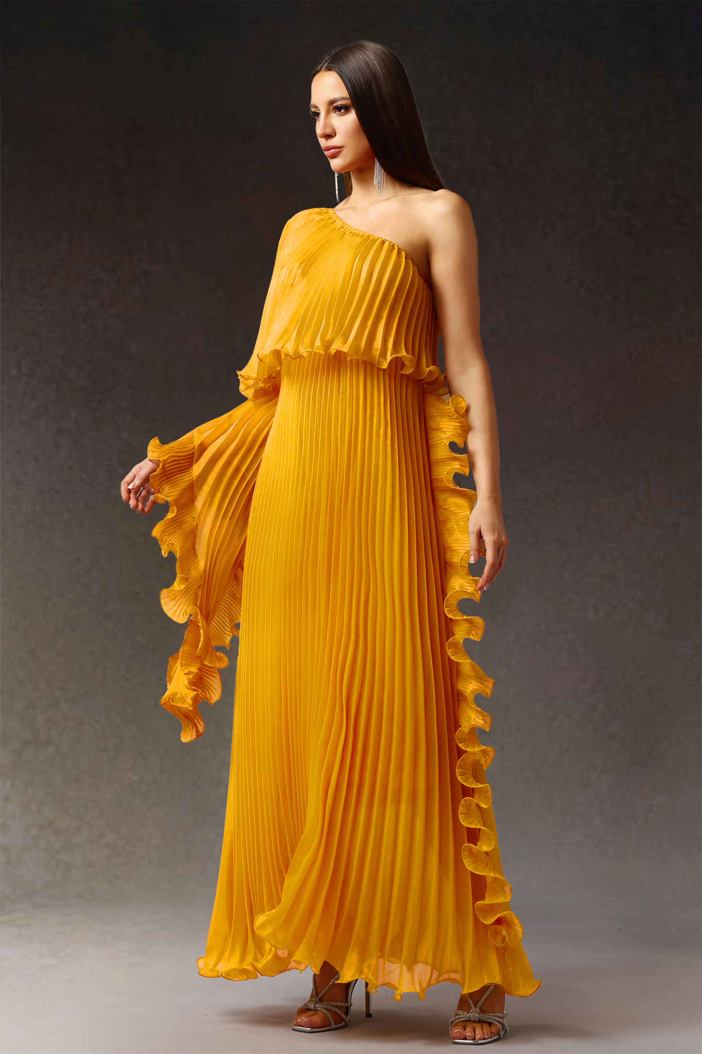 Enene One Shoulder Long Sleeves Fold Maxi Dress