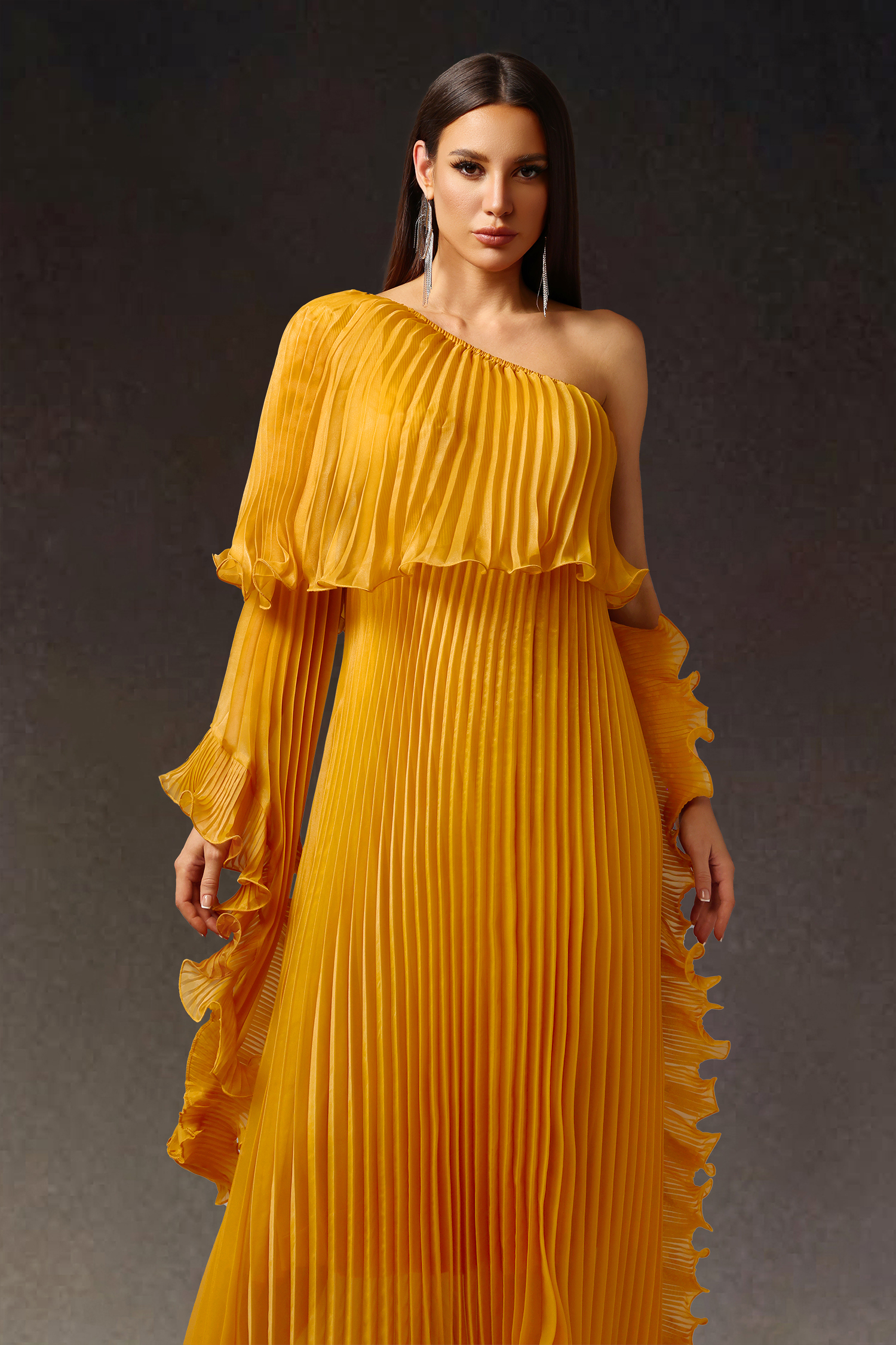 Enene One Shoulder Long Sleeves Fold Maxi Dress