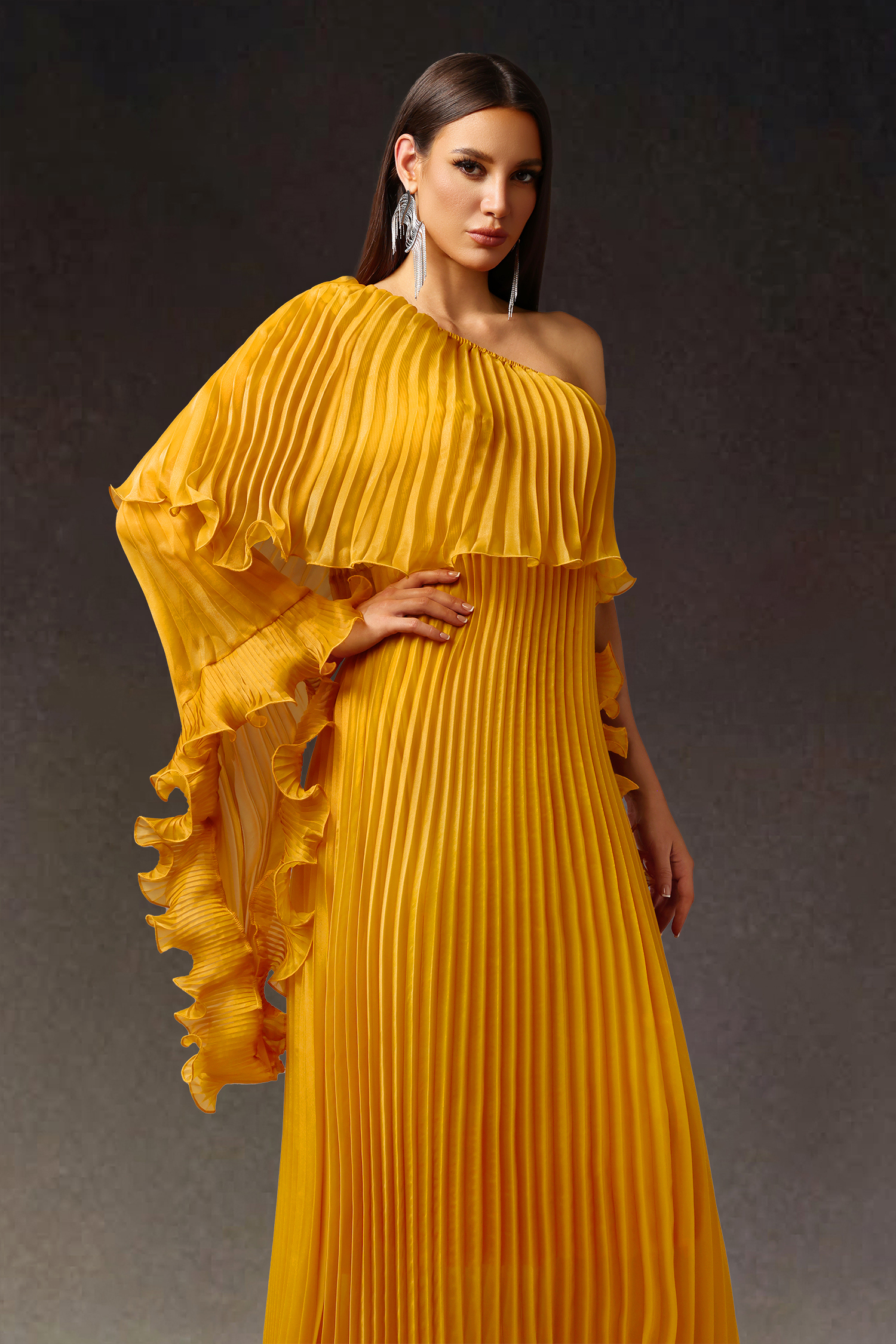 Enene One Shoulder Long Sleeves Fold Maxi Dress