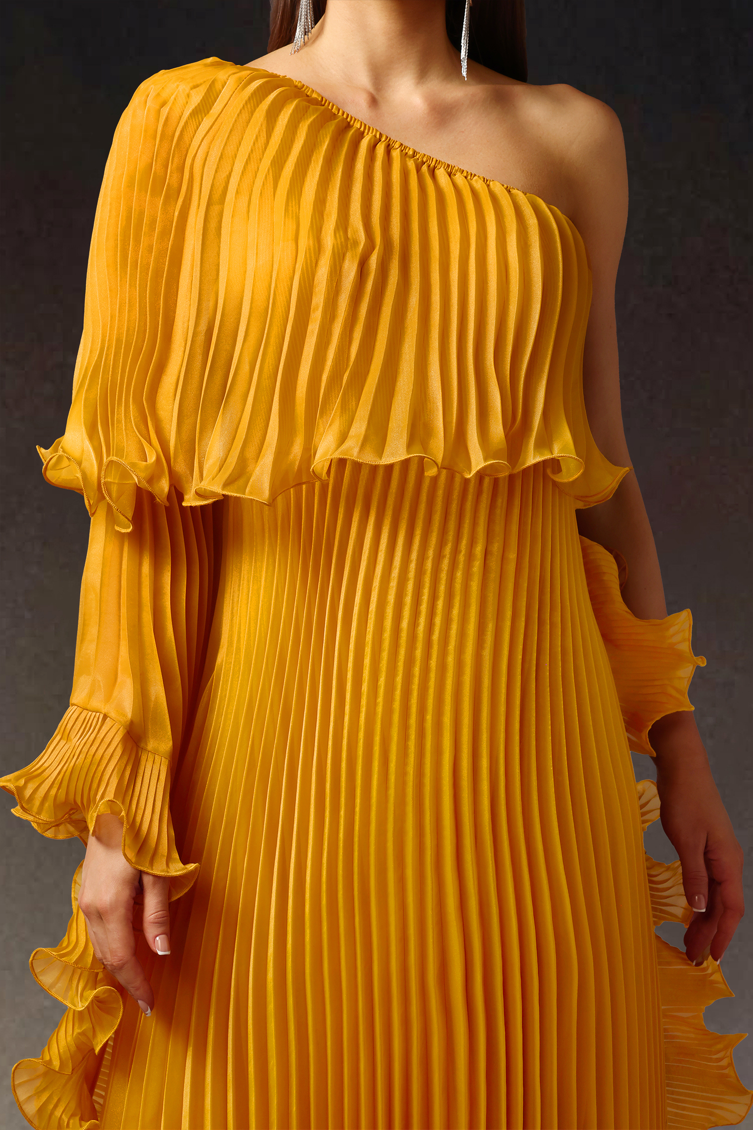 Enene One Shoulder Long Sleeves Fold Maxi Dress