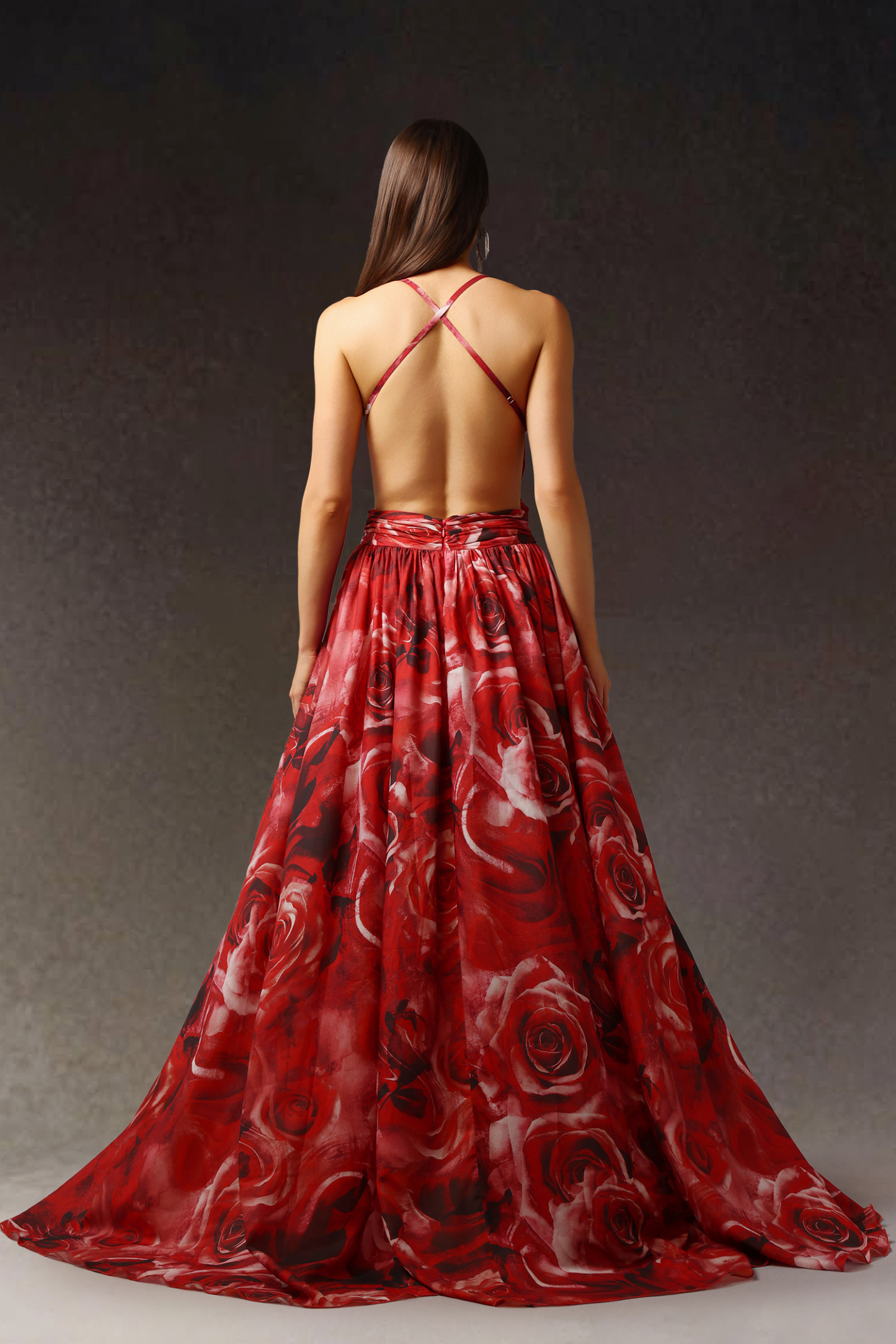 Zem Halter Sleeveless Pearl V-Neck Hollowed Out Print Slit Maxi Dress