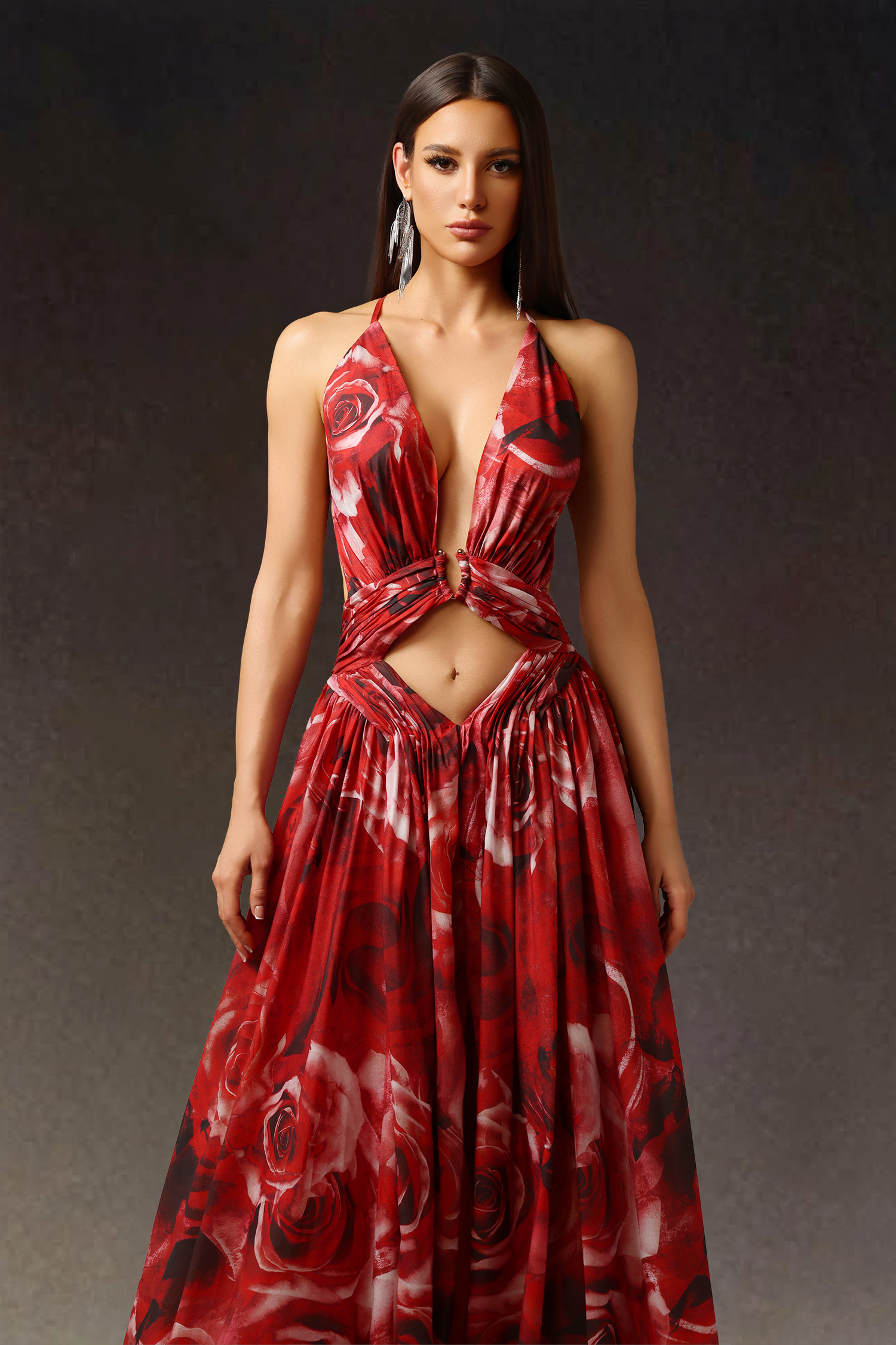 Zem Halter Sleeveless Pearl V-Neck Hollowed Out Print Slit Maxi Dress