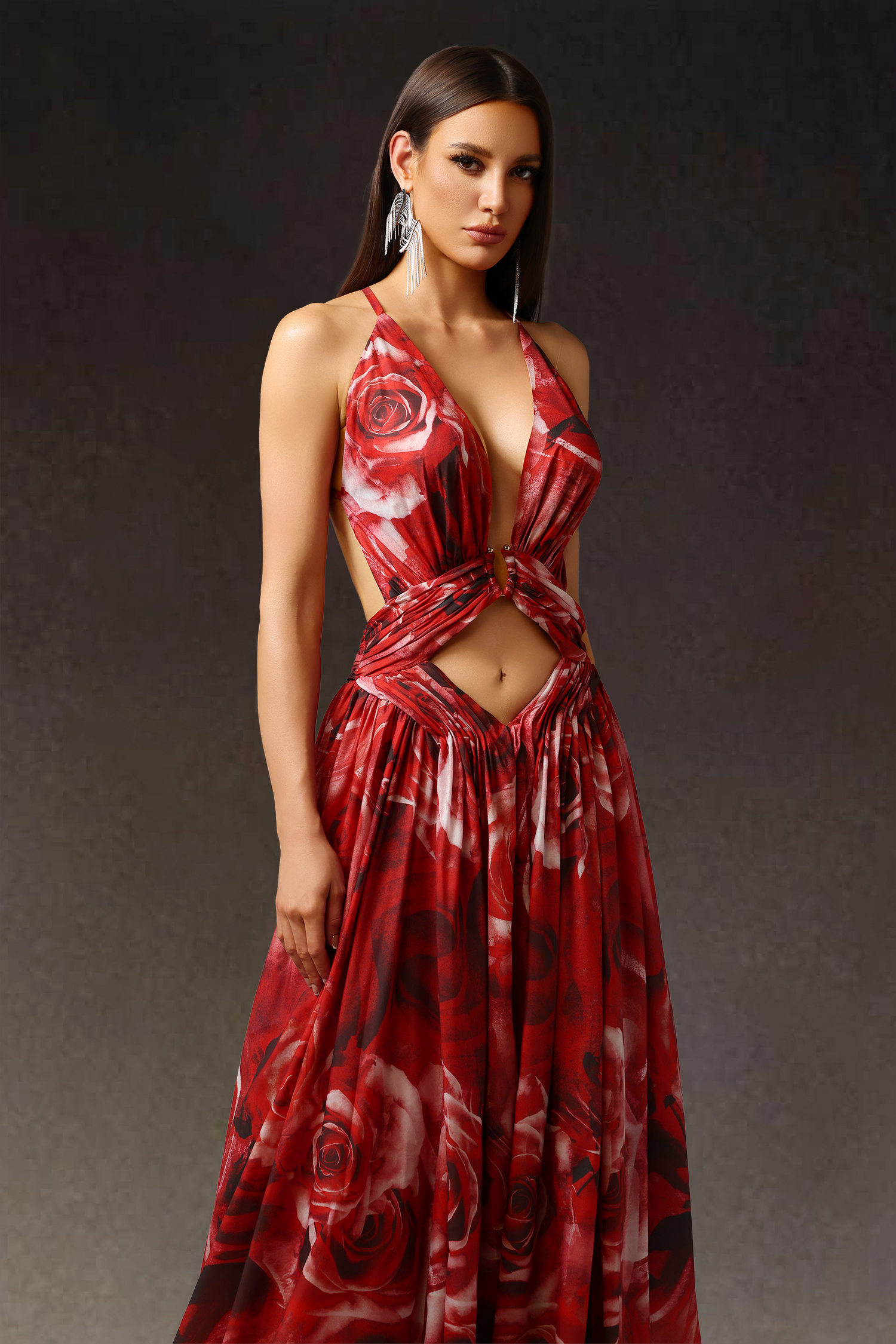 Zem Halter Sleeveless Pearl V-Neck Hollowed Out Print Slit Maxi Dress