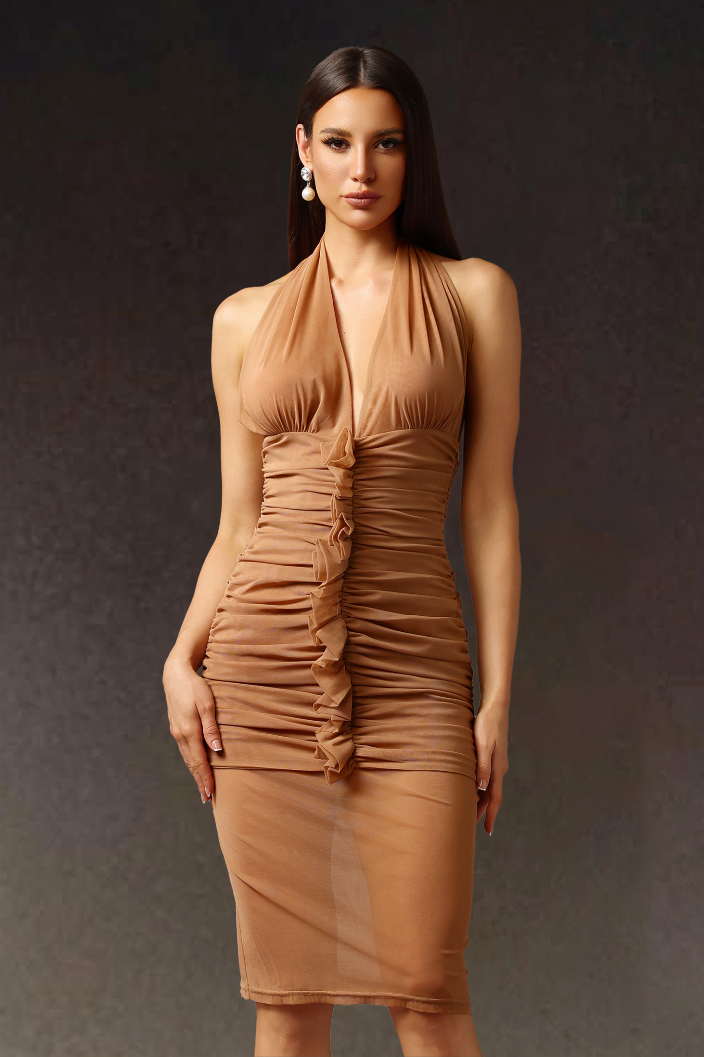 Zuelia Halter V-Neck Fold Midi Dress