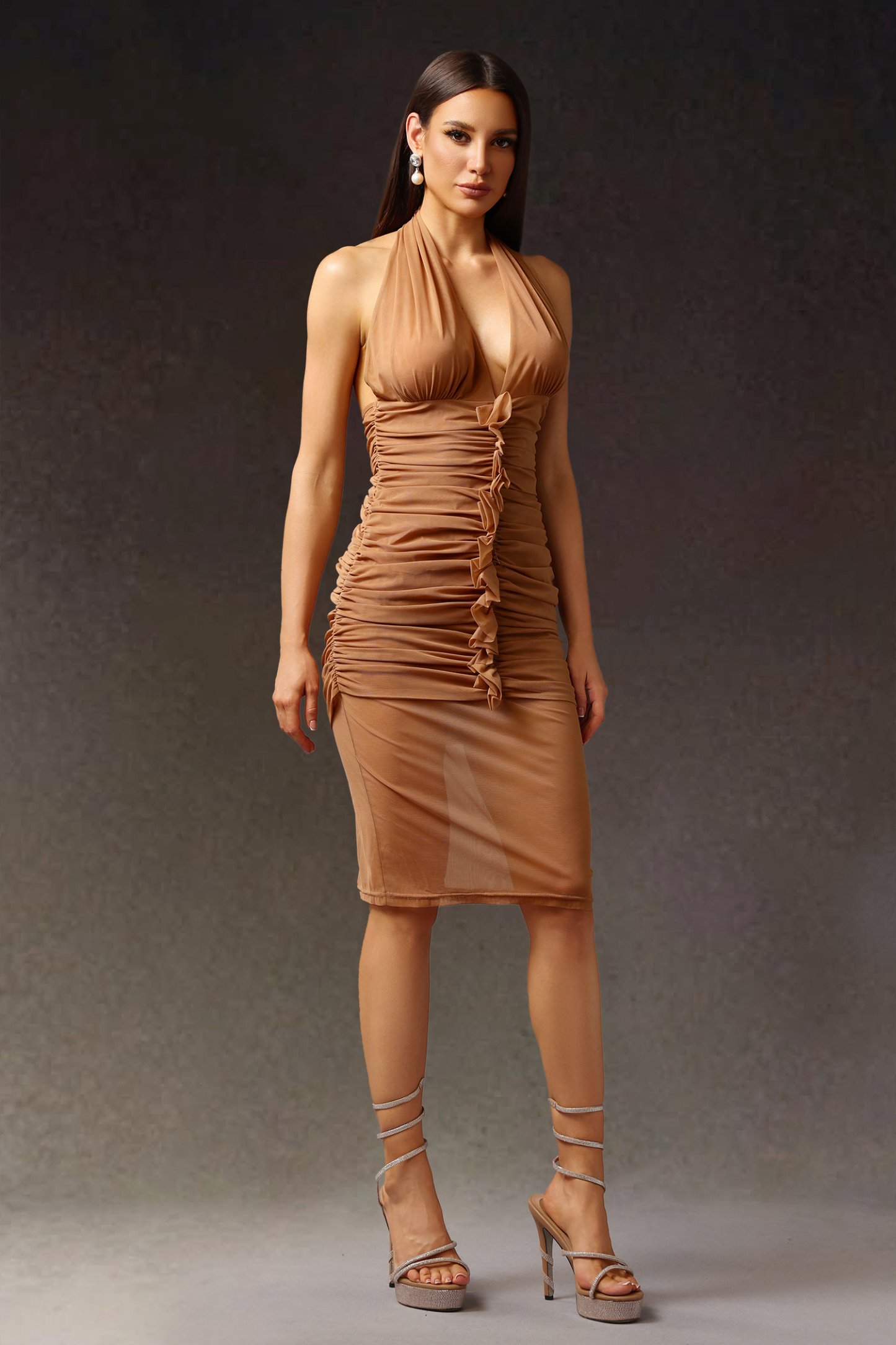 Zuelia Halter V-Neck Fold Midi Dress