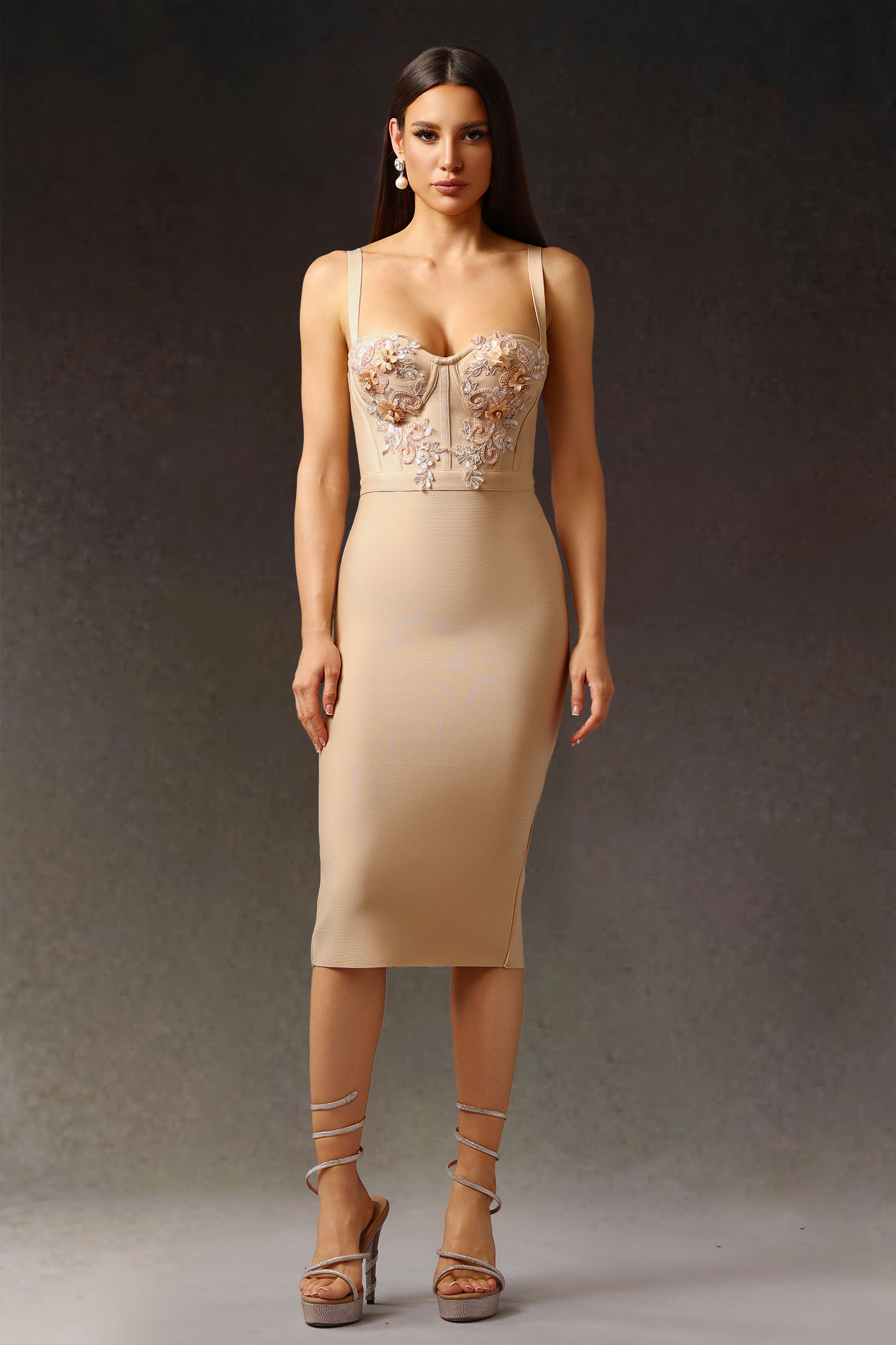 Euran Sleeveless  Flowers Bandage Midi Dress