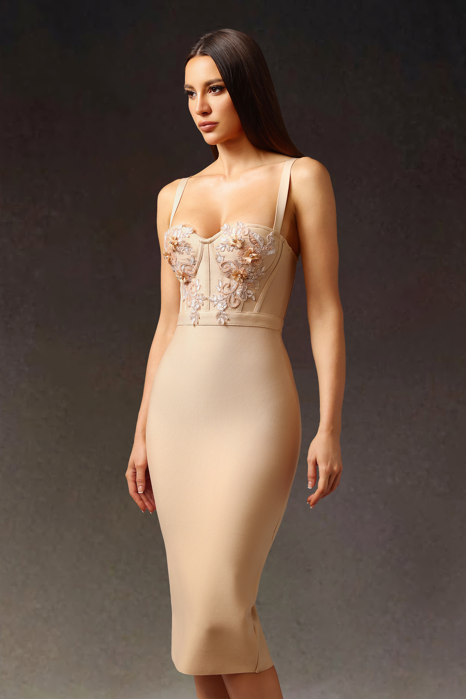 Euran Sleeveless  Flowers Bandage Midi Dress