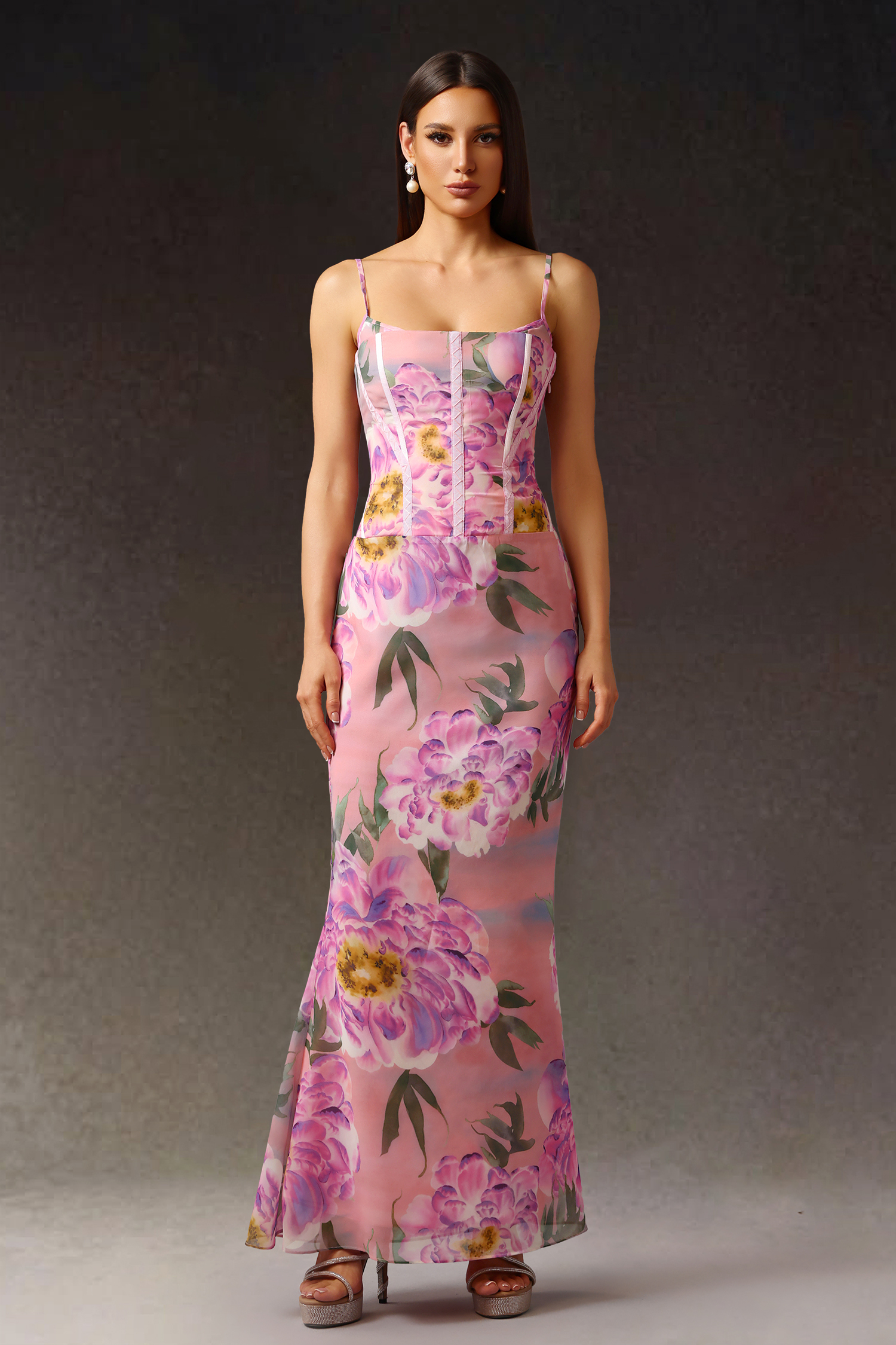 Rosella Sleeveless Print Fish Bone Maxi Dress