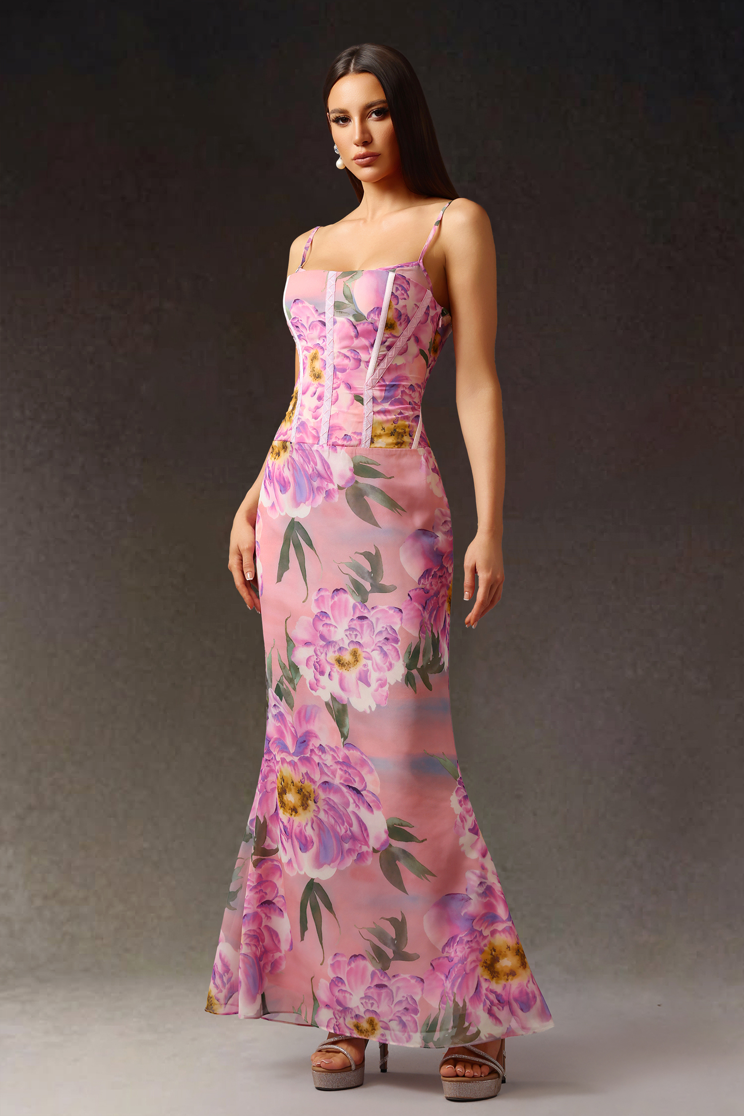 Rosella Sleeveless Print Fish Bone Maxi Dress