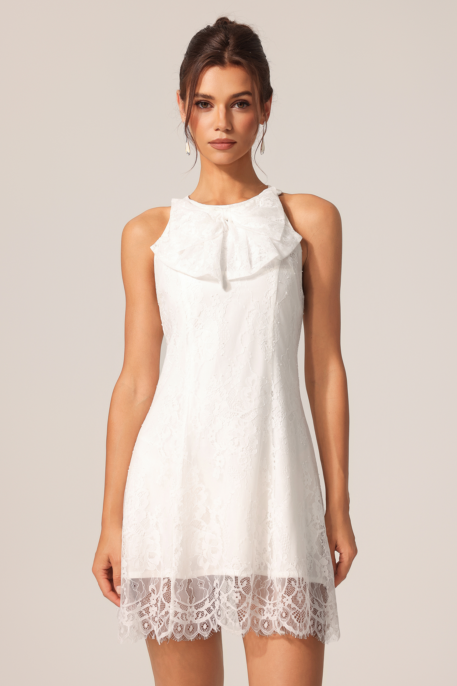 Diona Round Neck Sleeveless Flowers Lace Bowknot Mini Dress