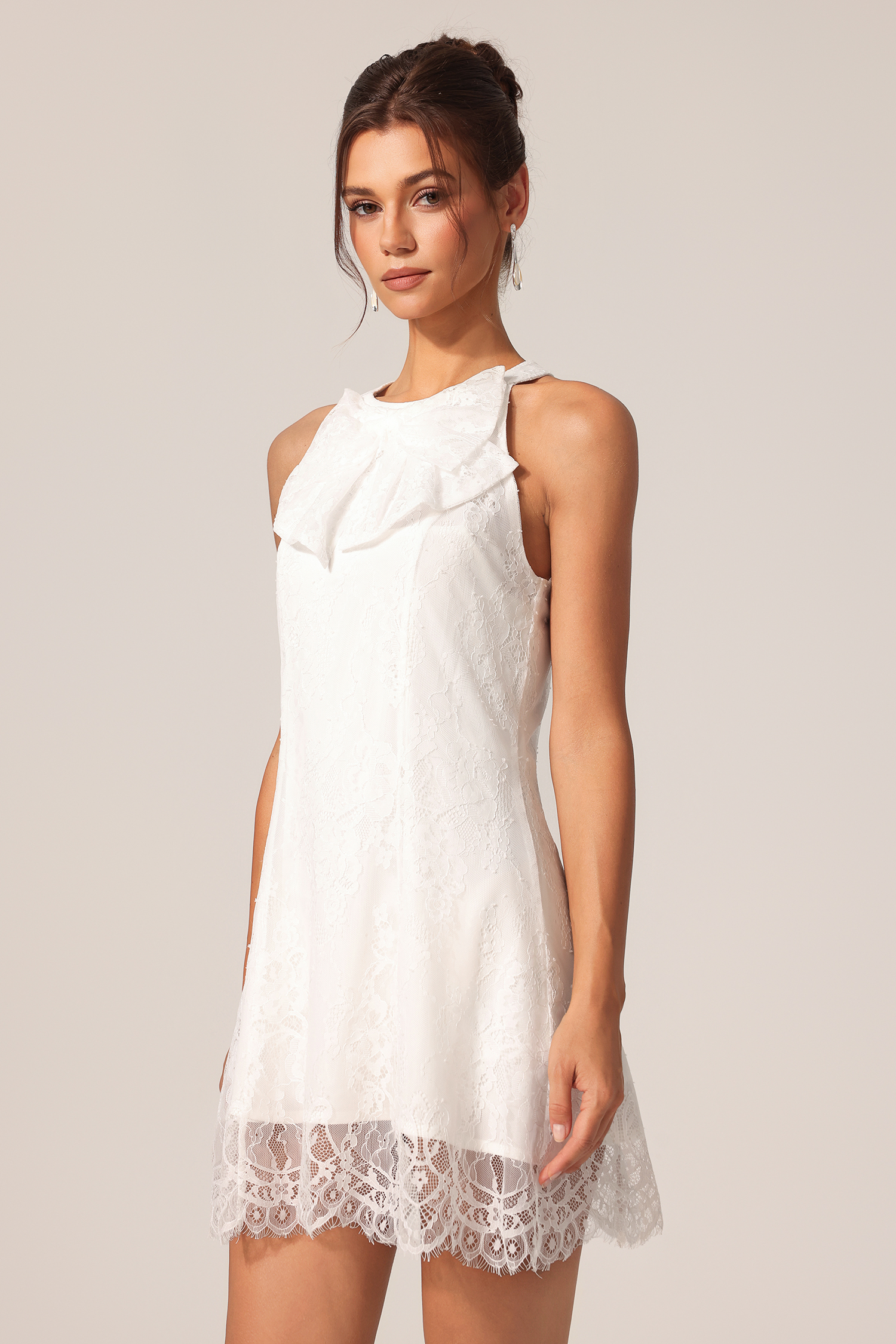 Diona Round Neck Sleeveless Flowers Lace Bowknot Mini Dress