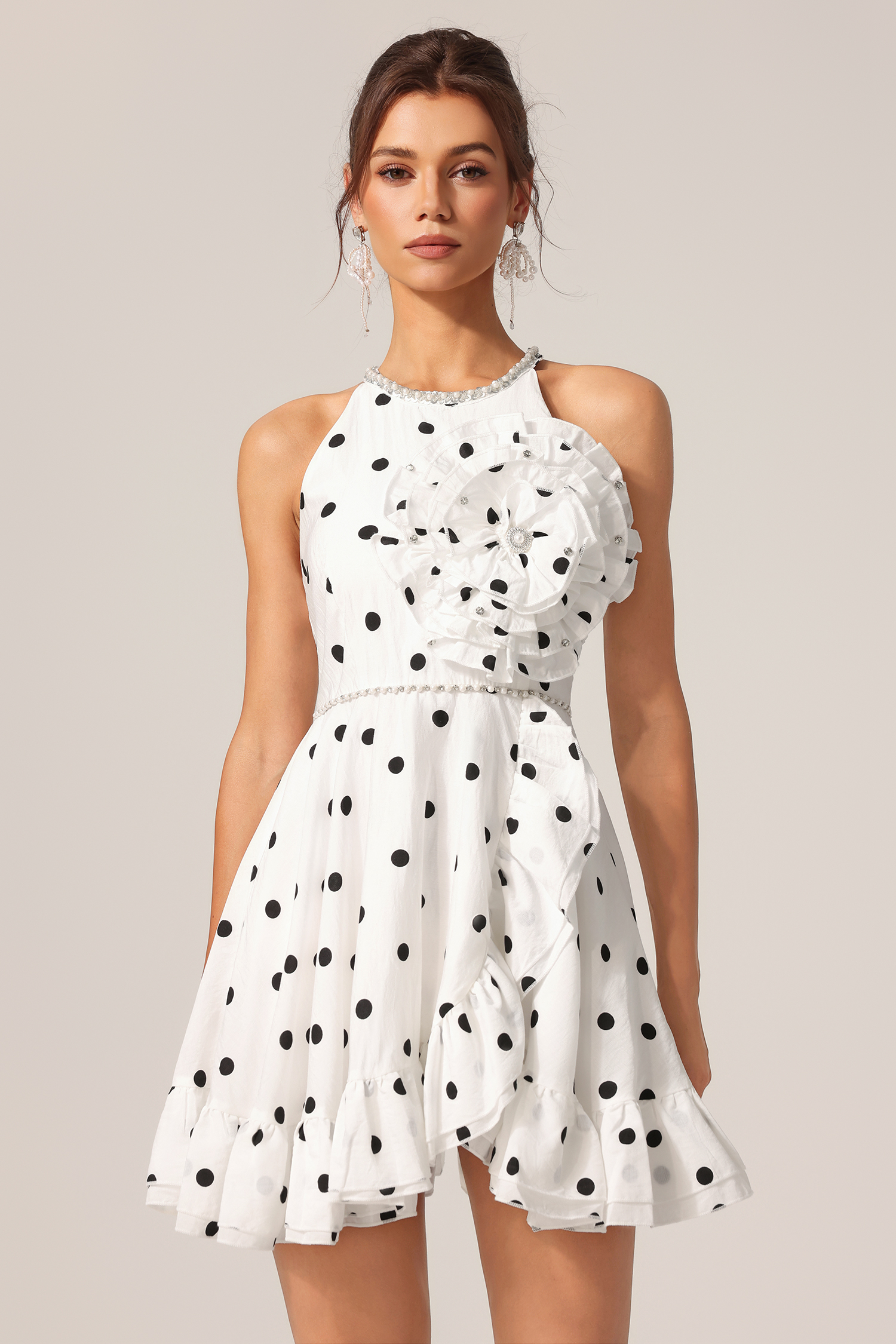 Donnica Round Neck Sleeveless Diamond Flower Folds Dot Printed Mini Dress