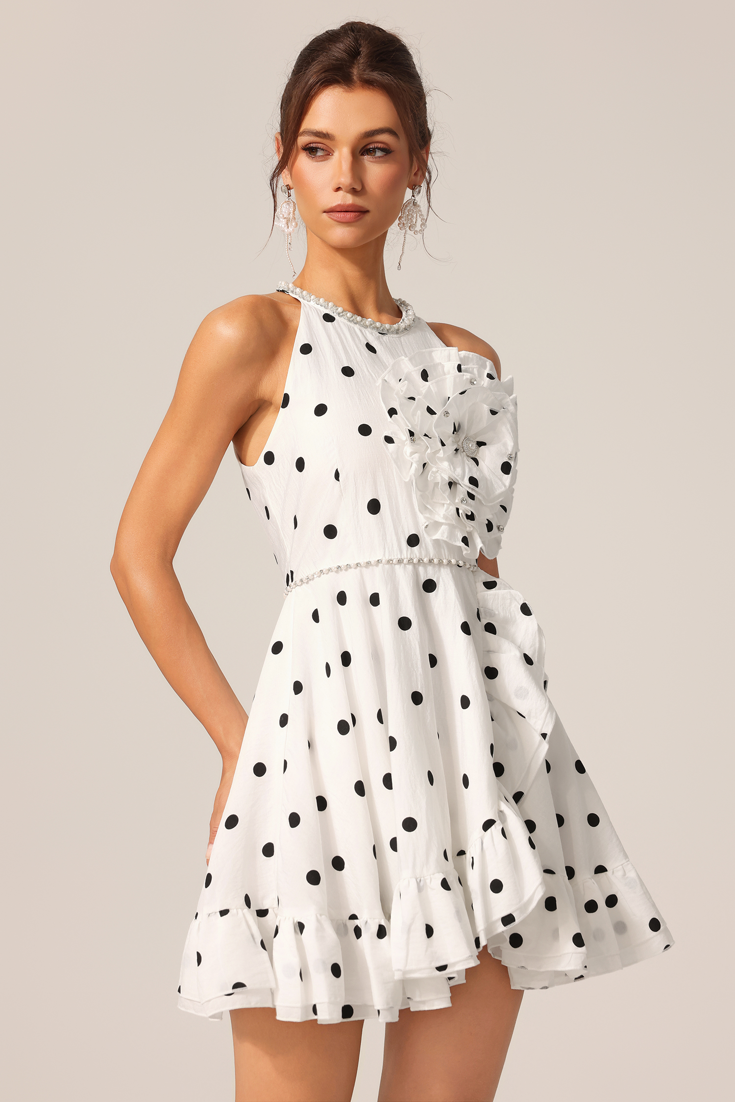 Donnica Round Neck Sleeveless Diamond Flower Folds Dot Printed Mini Dress
