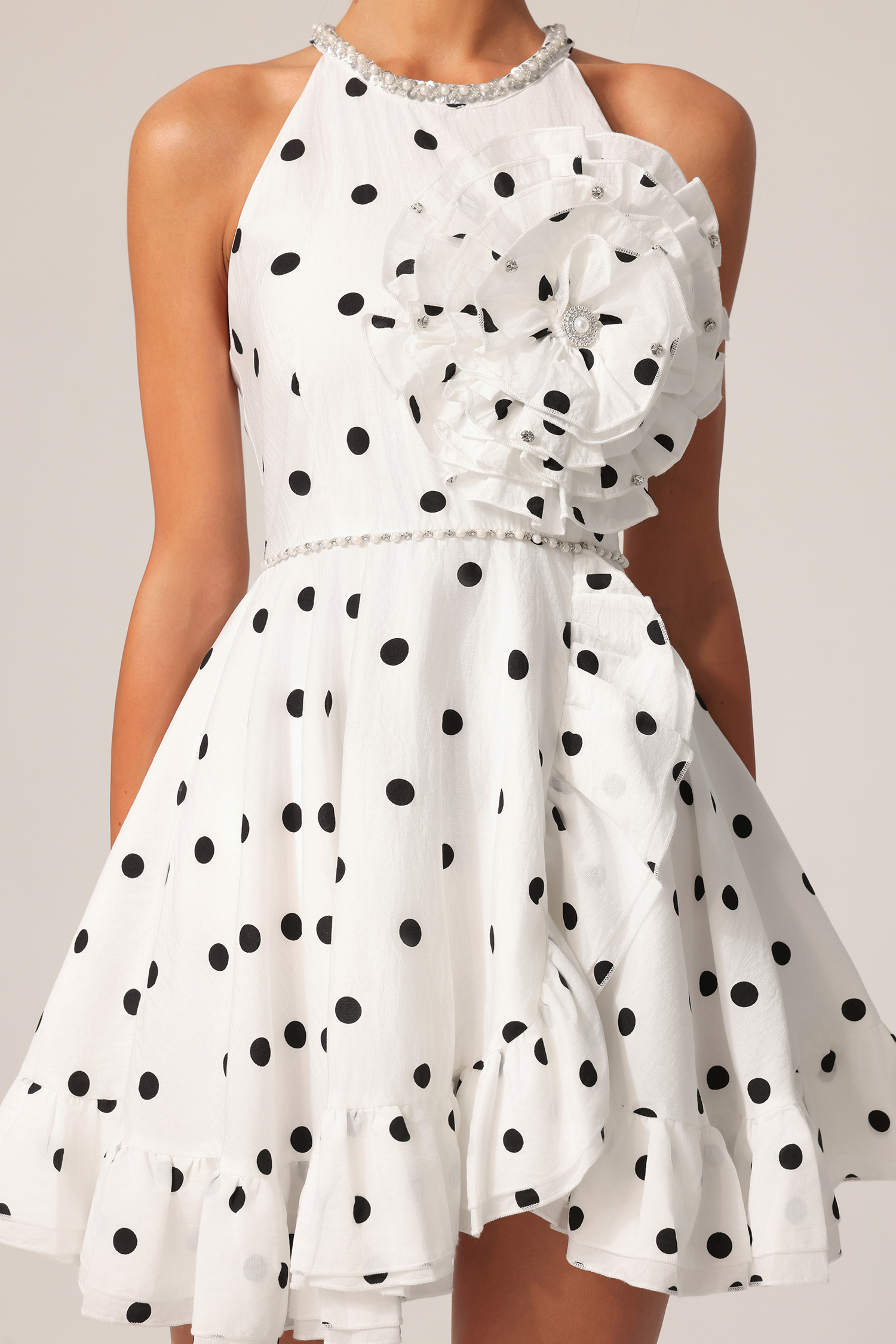 Donnica Round Neck Sleeveless Diamond Flower Folds Dot Printed Mini Dress
