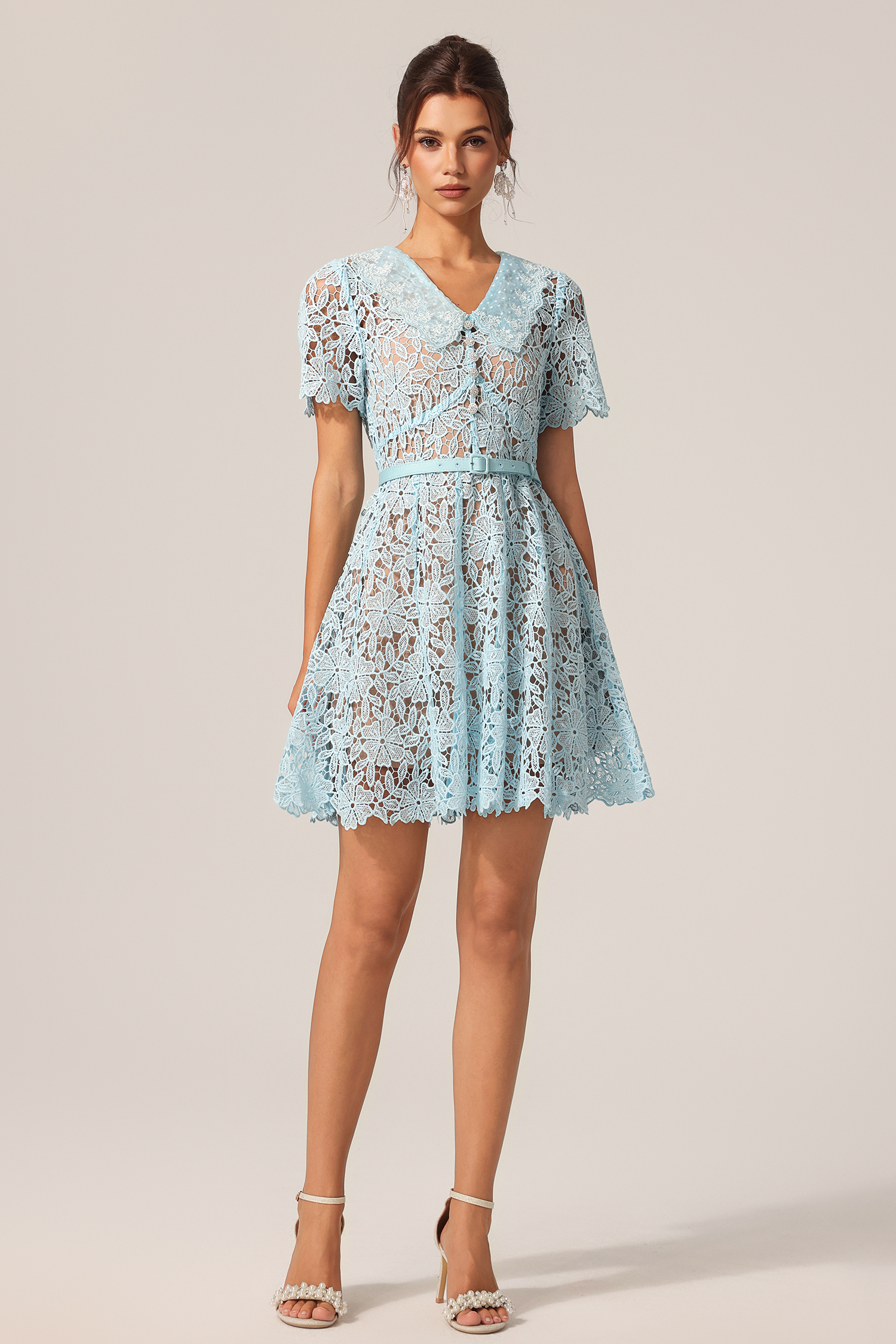 Uerzay Short Sleeves Flowers Lace Mini Dress