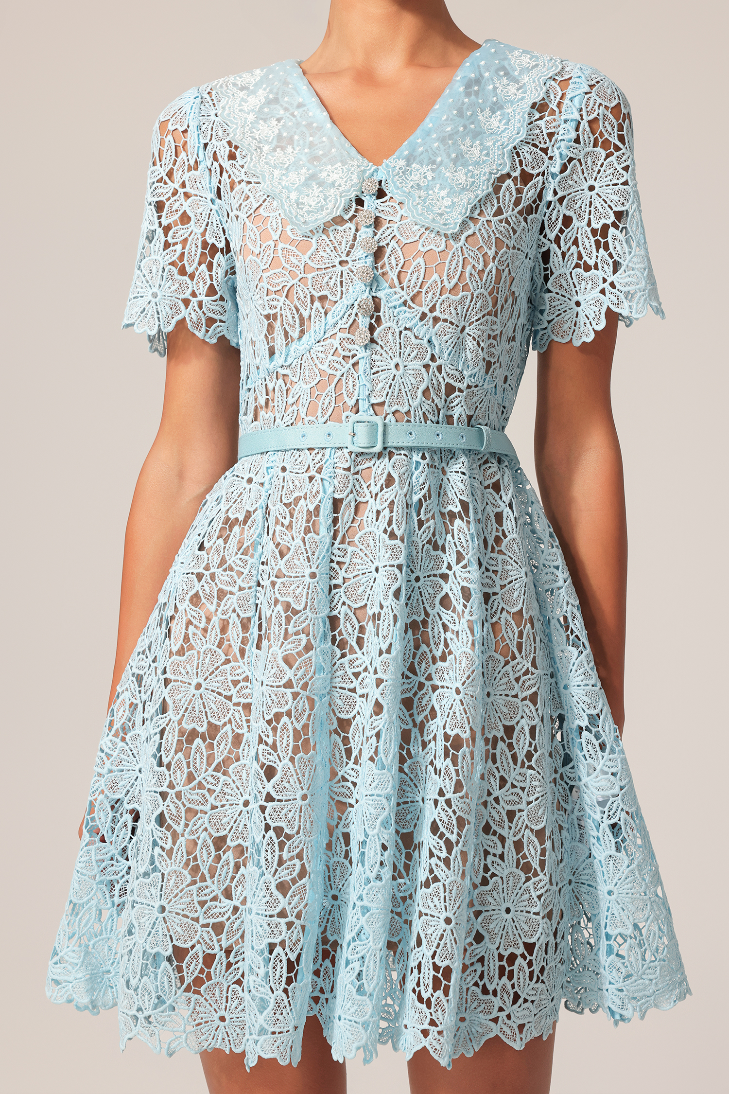 Uerzay Short Sleeves Flowers Lace Mini Dress