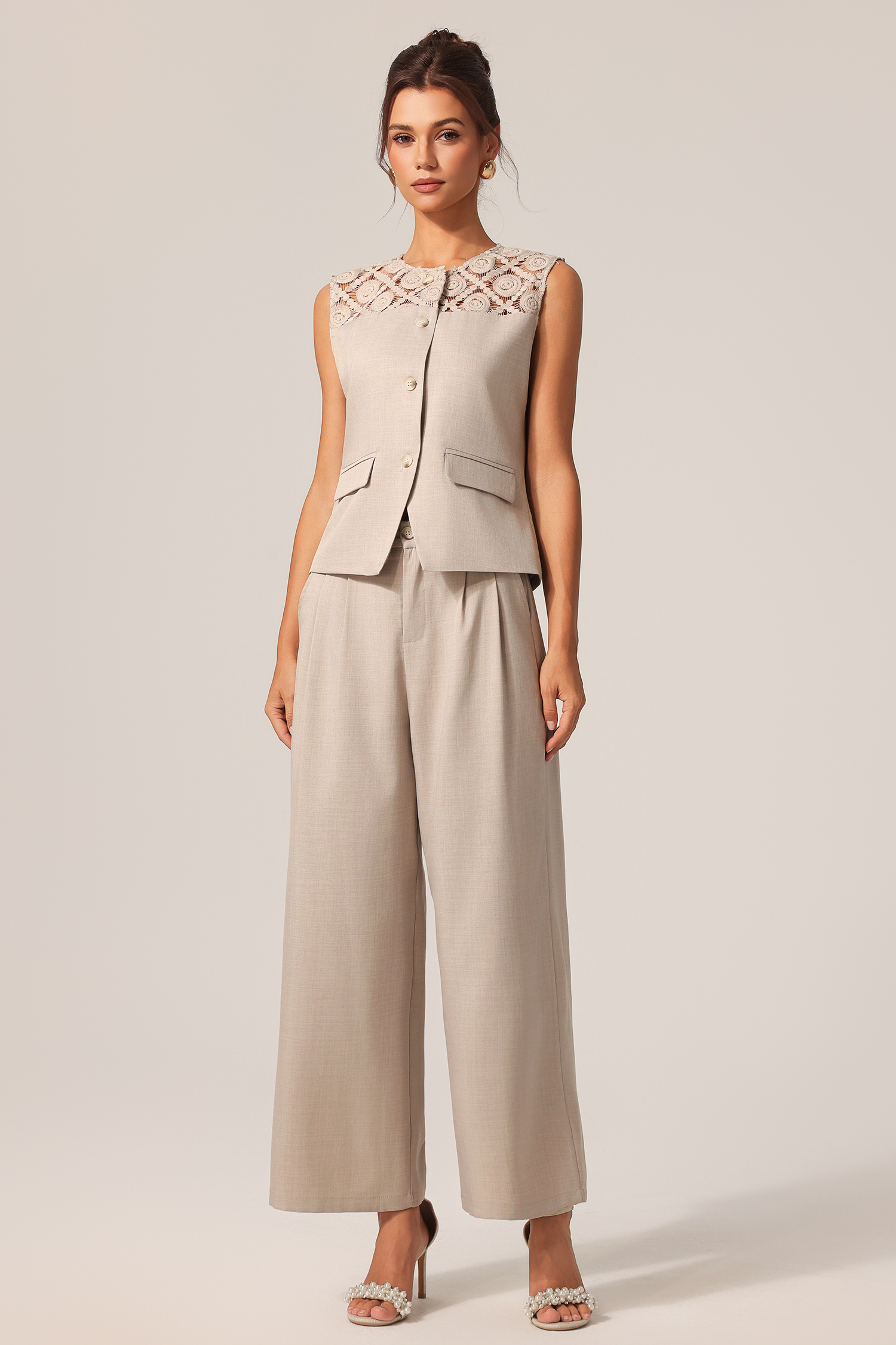 Vilane Round Neck Sleeveless Flowers Lace Top And Pants Two-Piece Set
