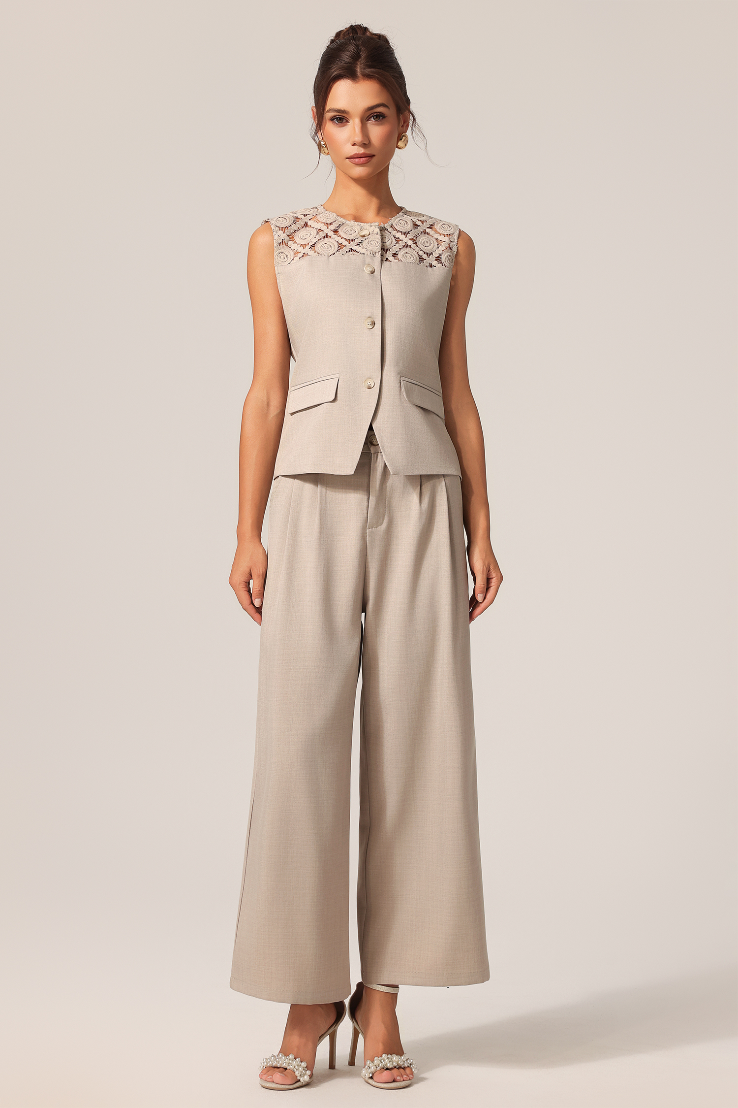 Vilane Round Neck Sleeveless Flowers Lace Top And Pants Two-Piece Set