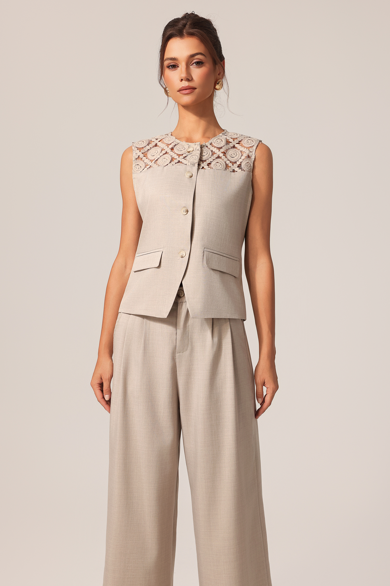 Vilane Round Neck Sleeveless Flowers Lace Top And Pants Two-Piece Set