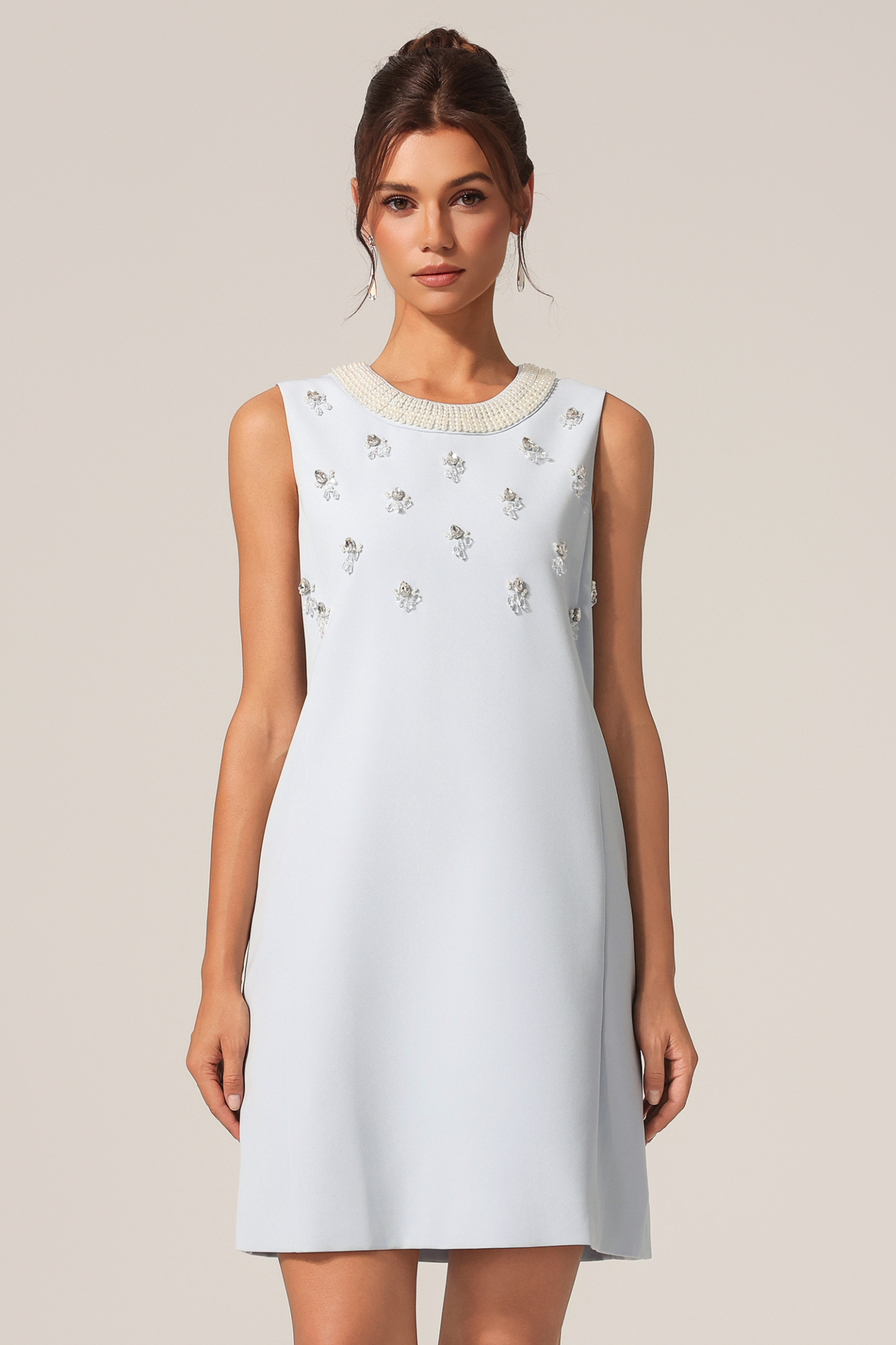 Xerca Round Neck Sleeveless Pearl Diamond Mini Dress