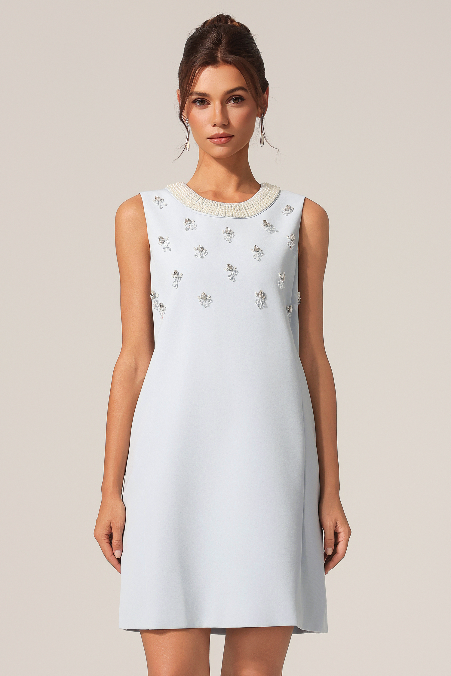 Xerca Round Neck Sleeveless Pearl Diamond Mini Dress