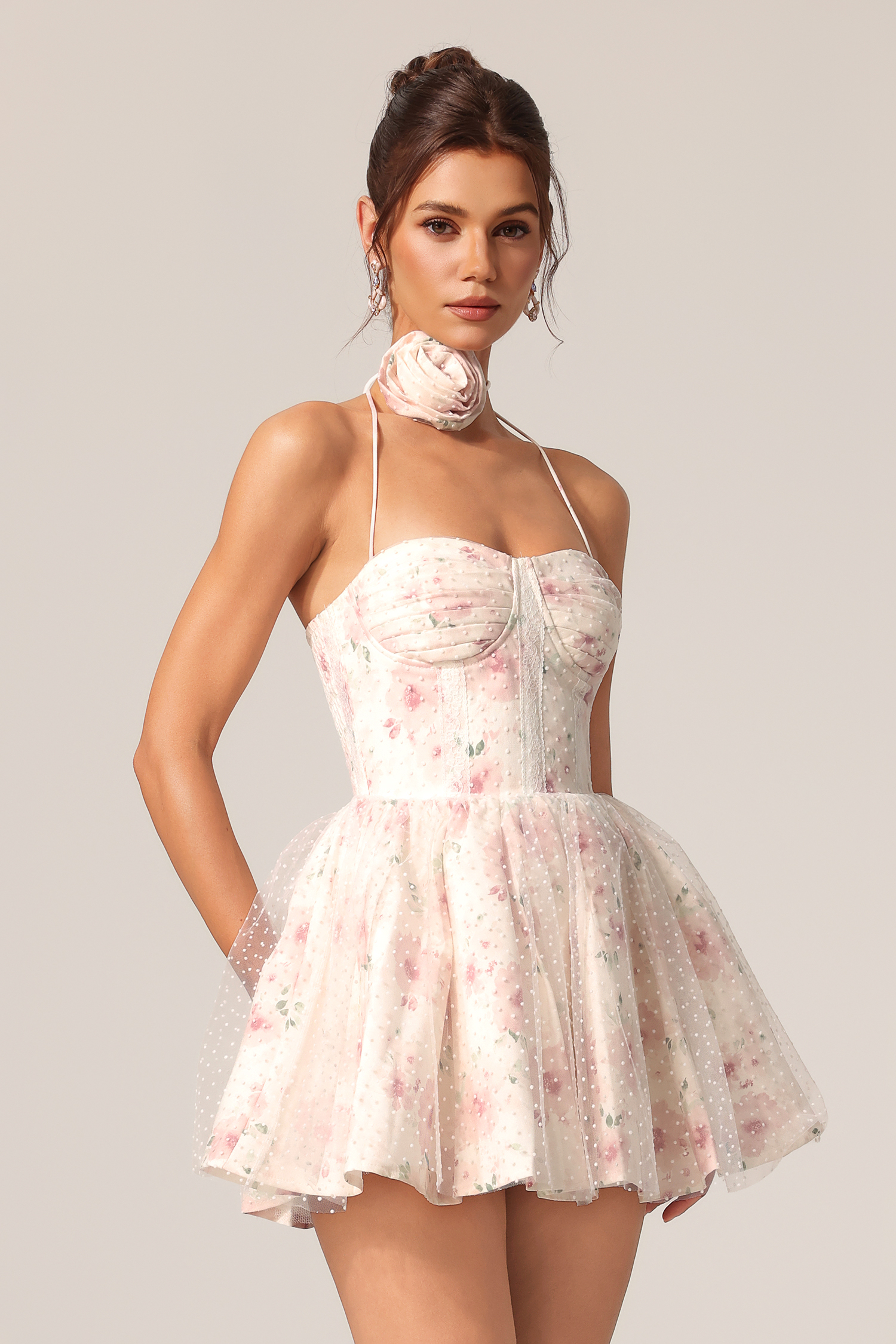 Edda Sleeveless Lace Floral Printed Mini Dress