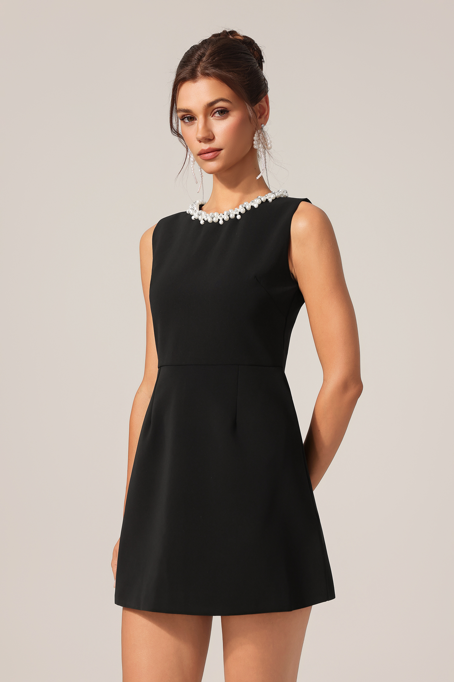 Kayley Round Neck Sleeveless Pearl Mini Dress
