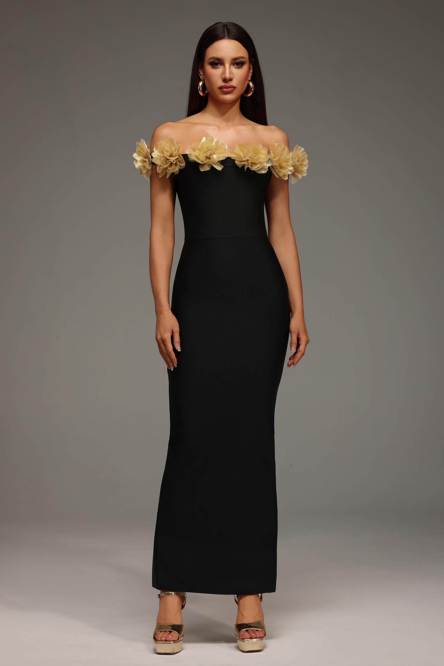 Fara Sleeveless Off The Shoulder Flowers slit Bandage Midi Dress