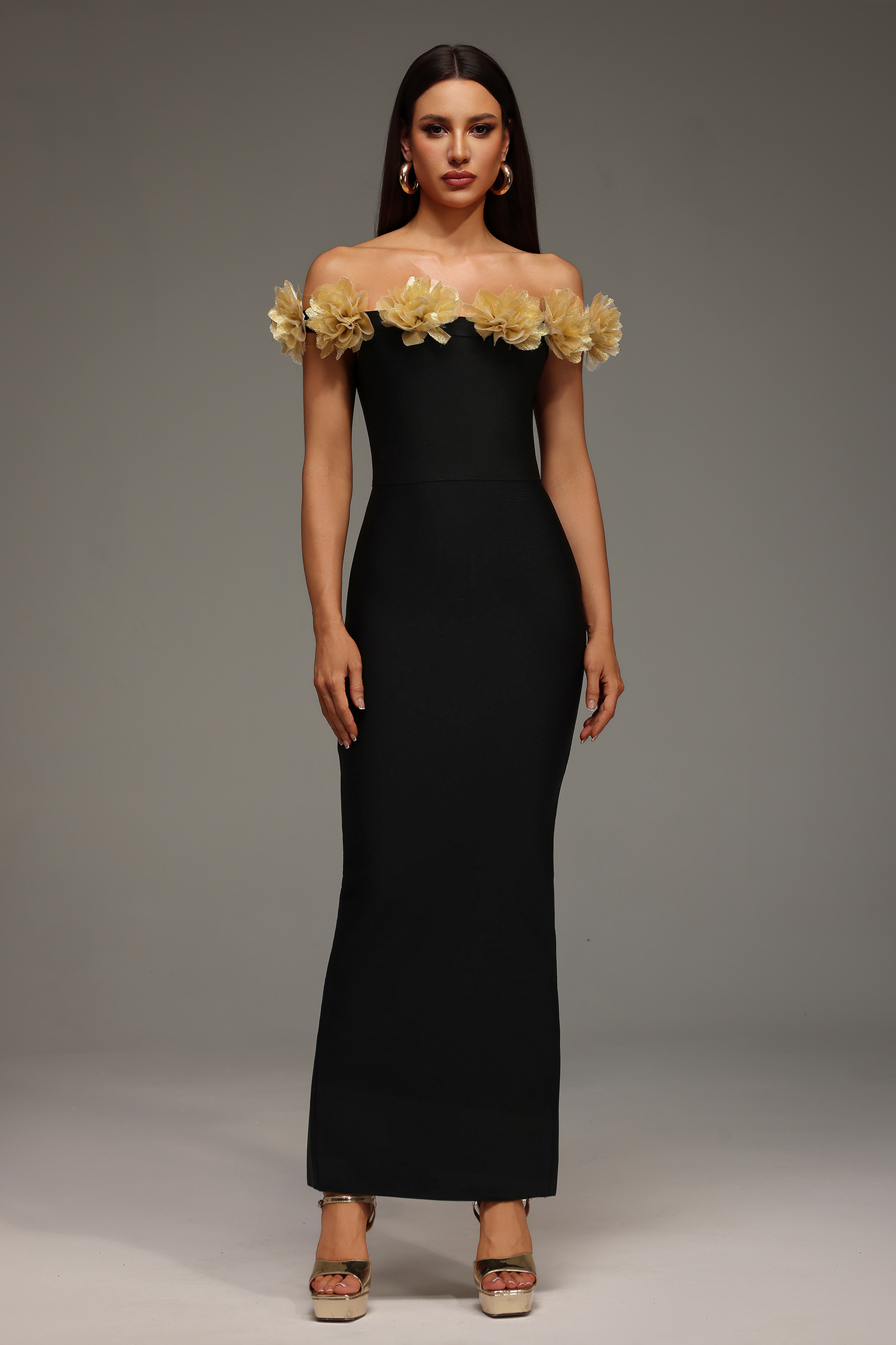 Fara Sleeveless Off The Shoulder Flowers slit Bandage Midi Dress