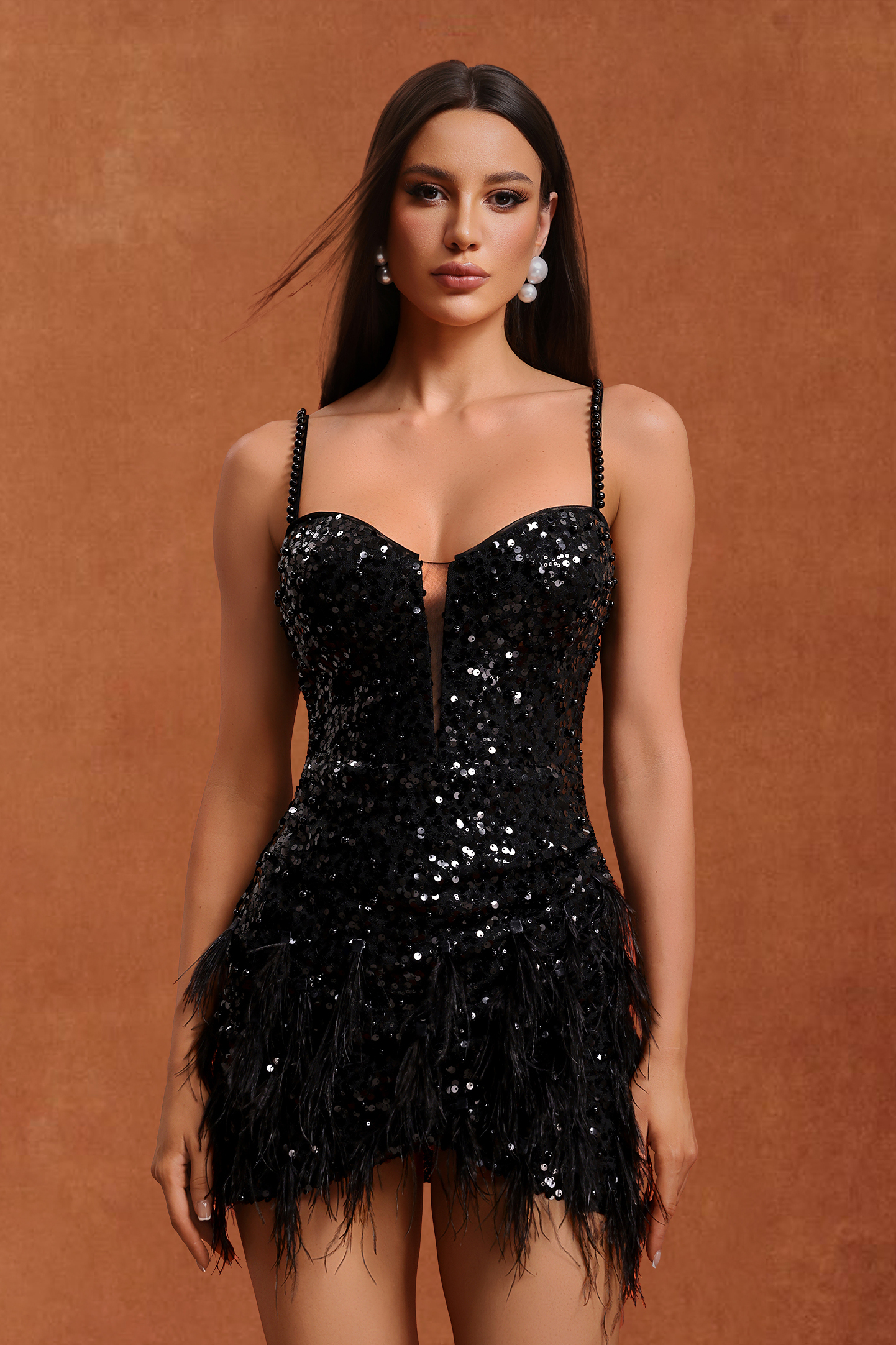 Lureen Sleeveless Pearl Feathers Sequins Mini Dress