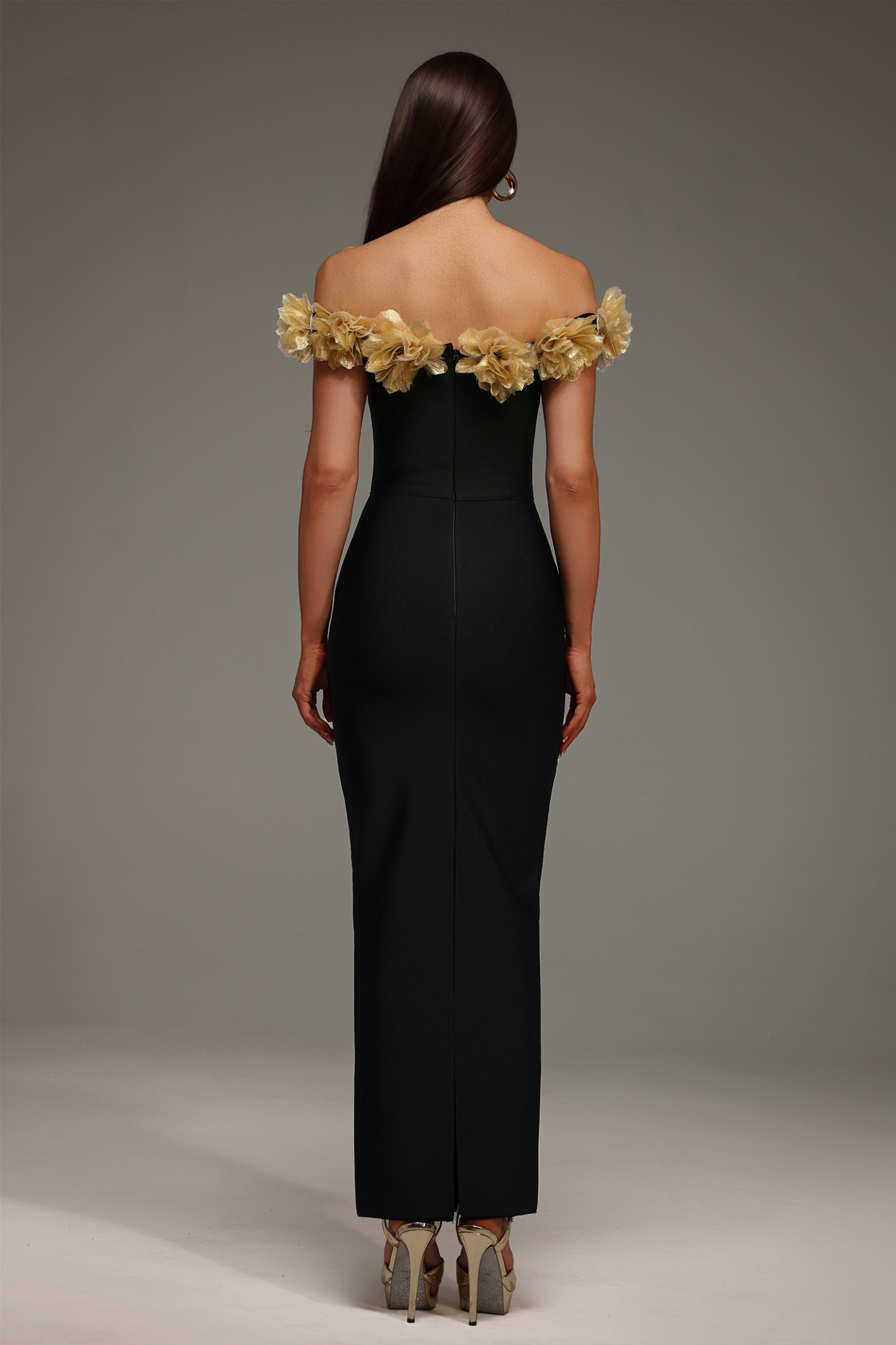 Fara Sleeveless Off The Shoulder Flowers slit Bandage Midi Dress