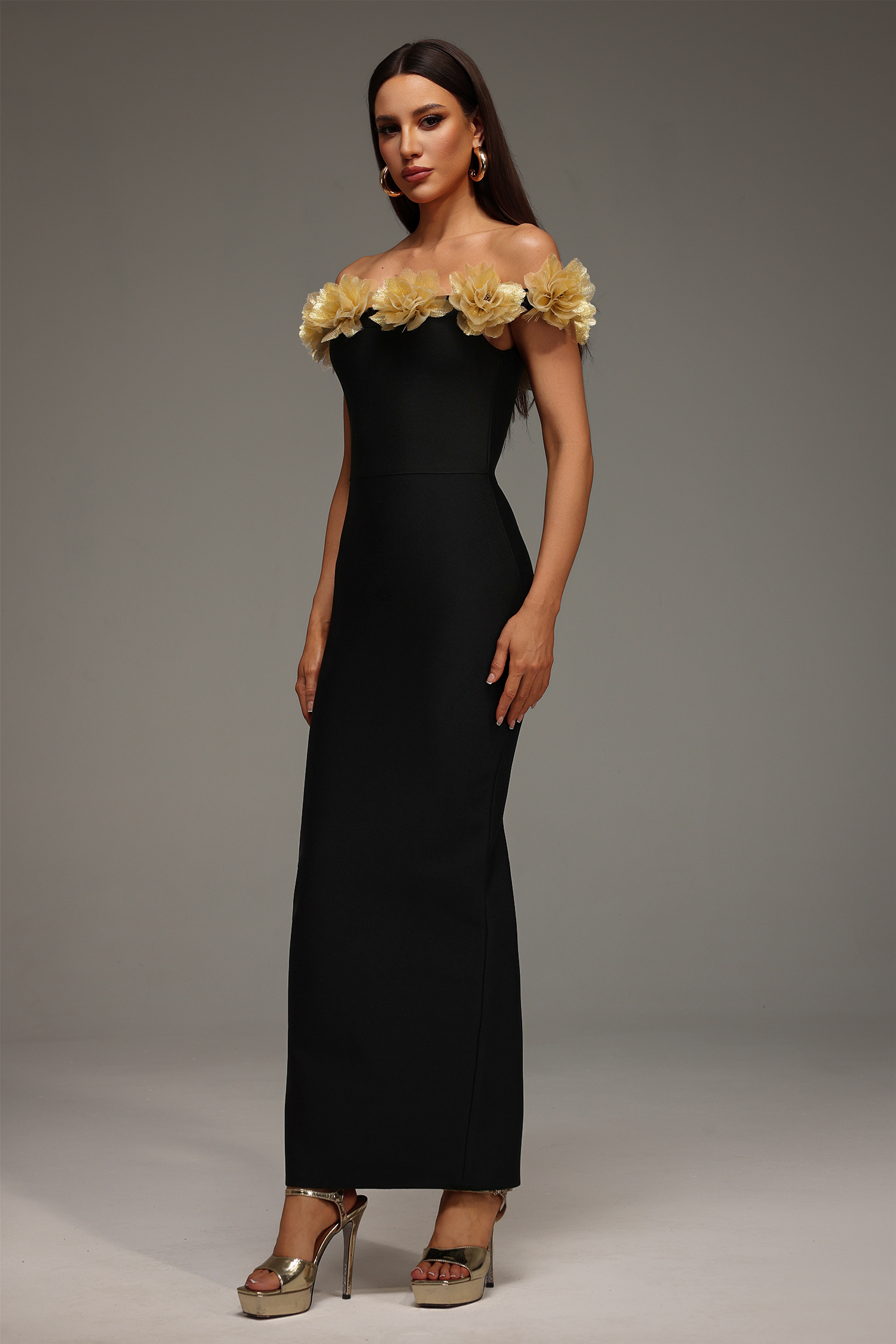 Fara Sleeveless Off The Shoulder Flowers slit Bandage Midi Dress