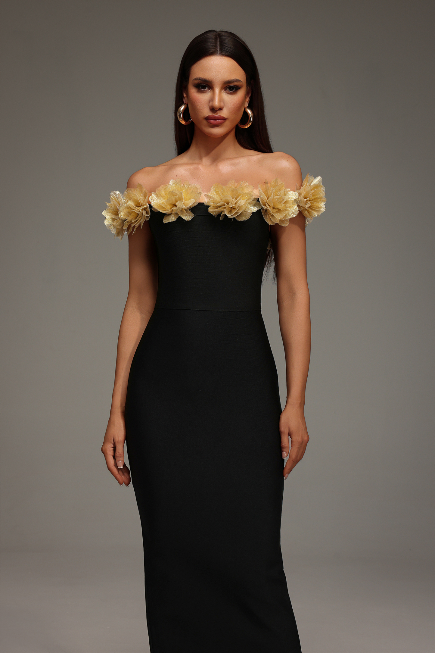 Fara Sleeveless Off The Shoulder Flowers slit Bandage Midi Dress