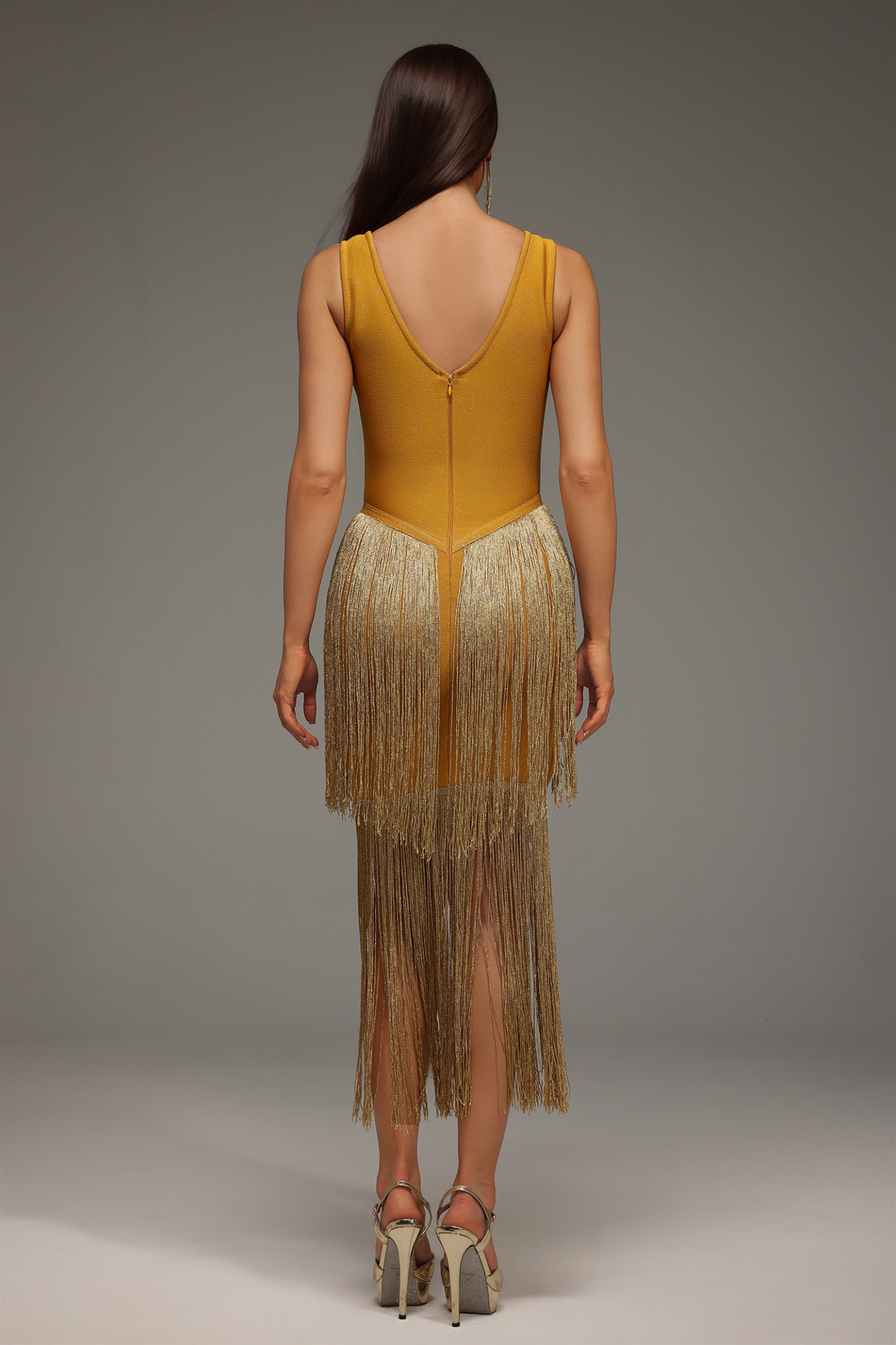 Lyall Sleeveless V-Neck Tassels Bandage Midi Dress