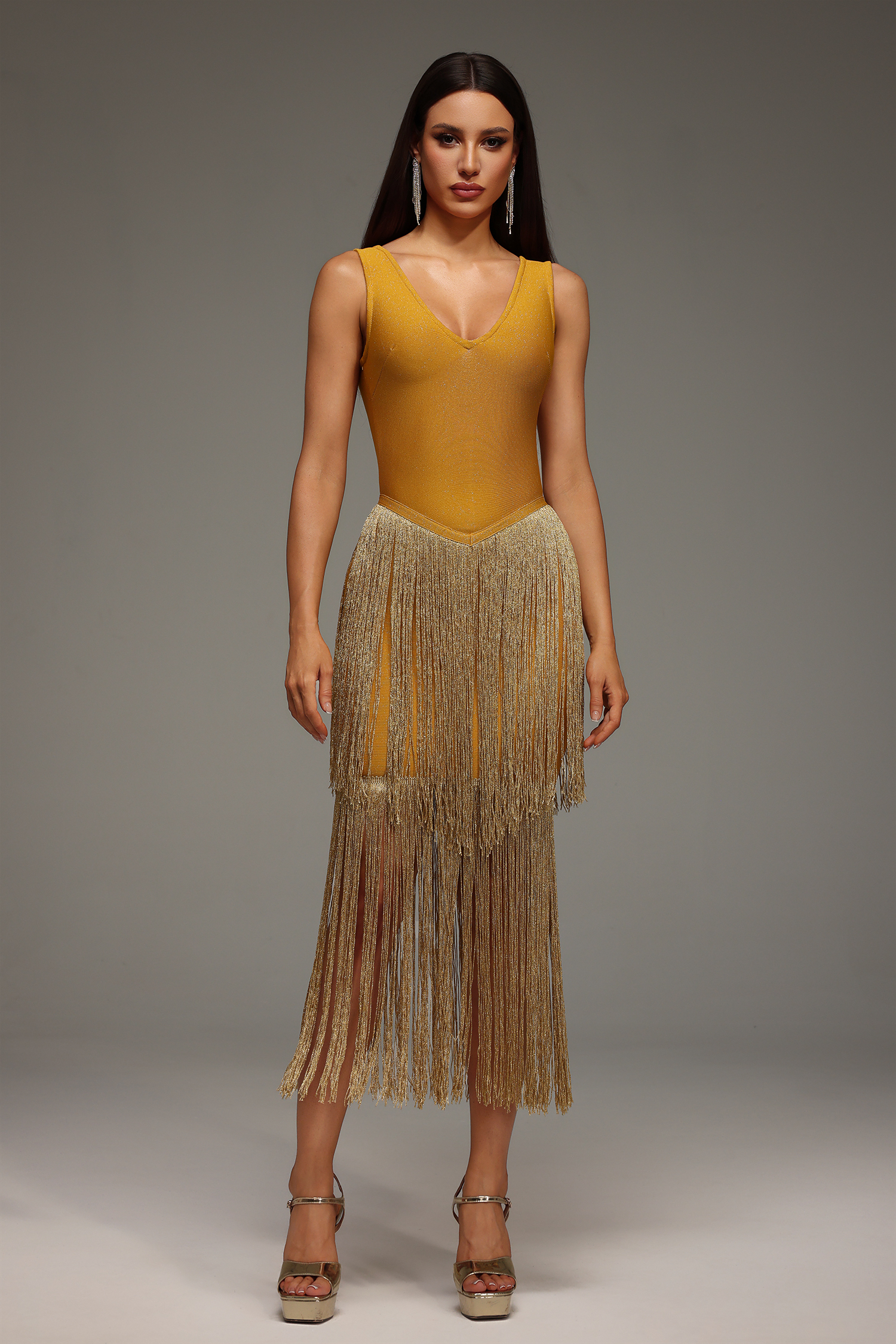 Lyall Sleeveless V-Neck Tassels Bandage Midi Dress