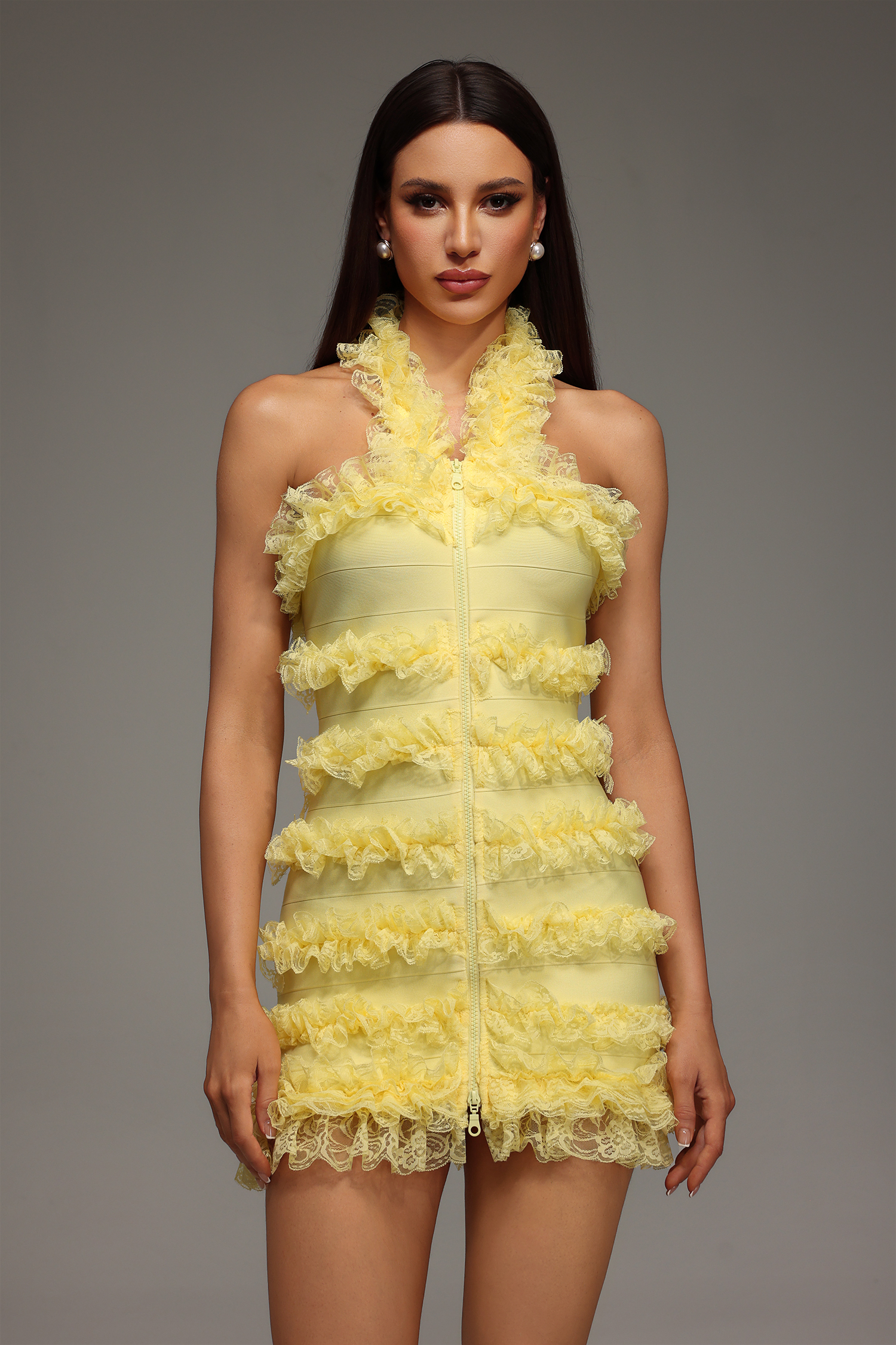 Rebekka Halter Sleeveless Lace Bandage Mini Dress