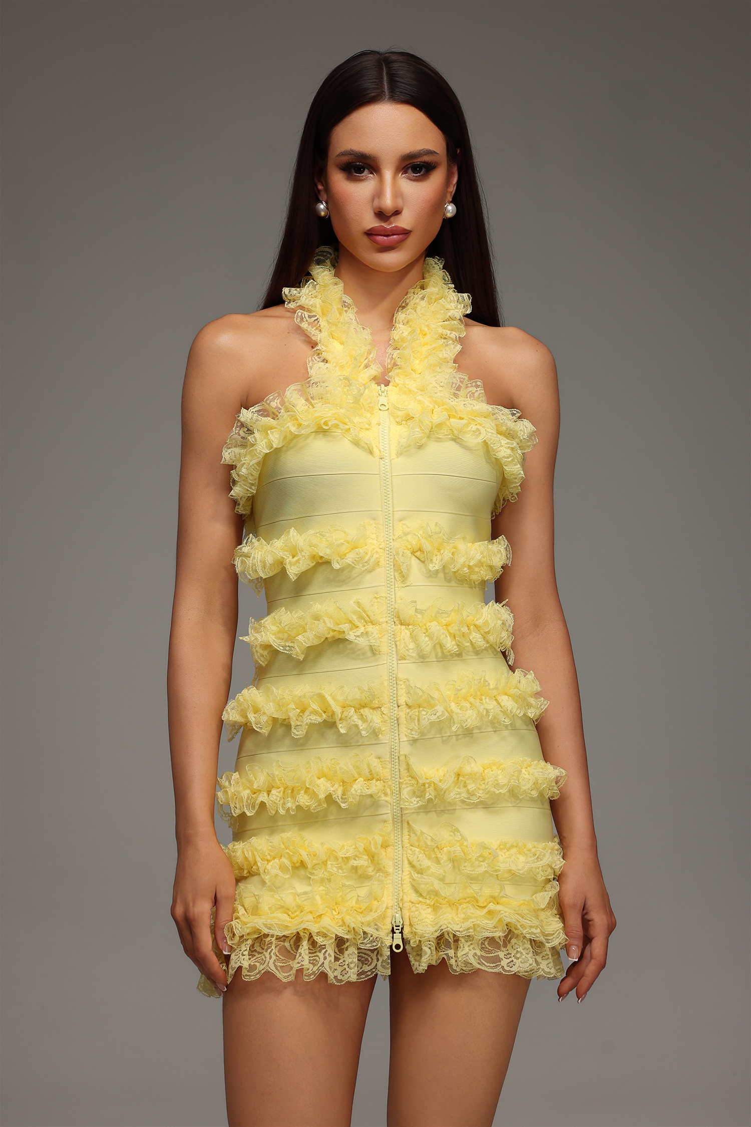 Rebekka Halter Sleeveless Lace Bandage Mini Dress