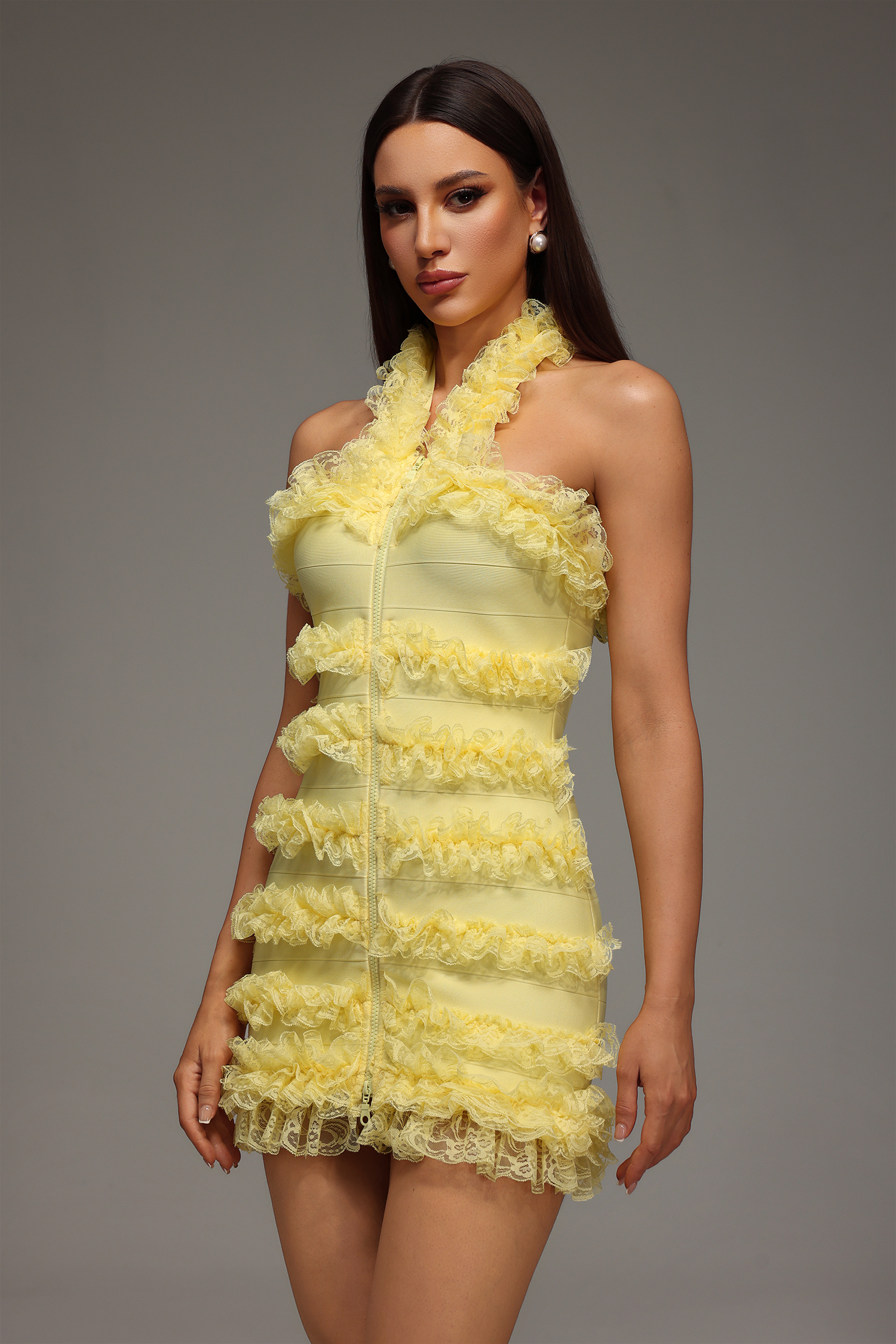 Rebekka Halter Sleeveless Lace Bandage Mini Dress