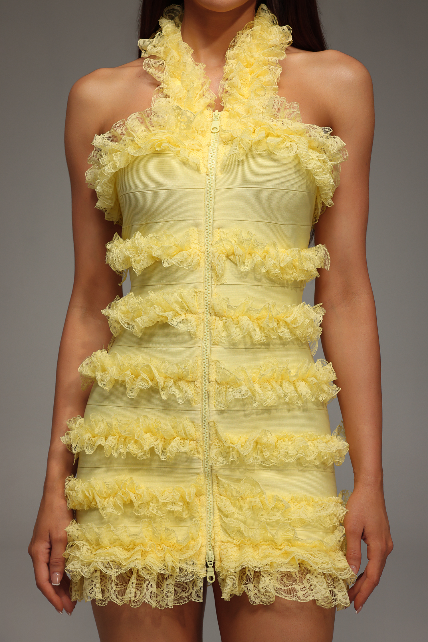 Rebekka Halter Sleeveless Lace Bandage Mini Dress