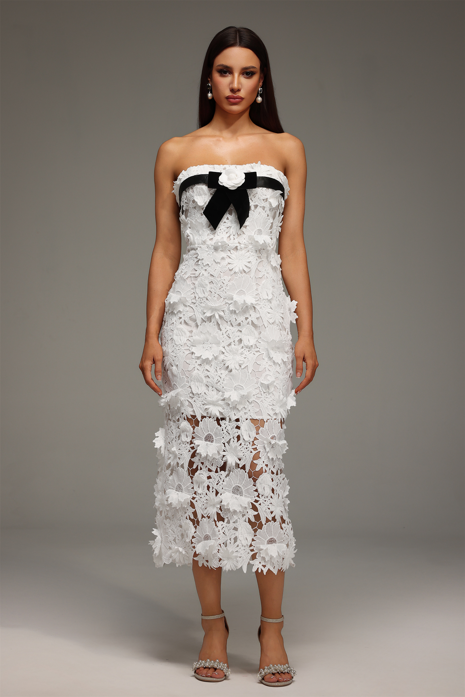 Mio Strapless Lace Flower Maxi Dress