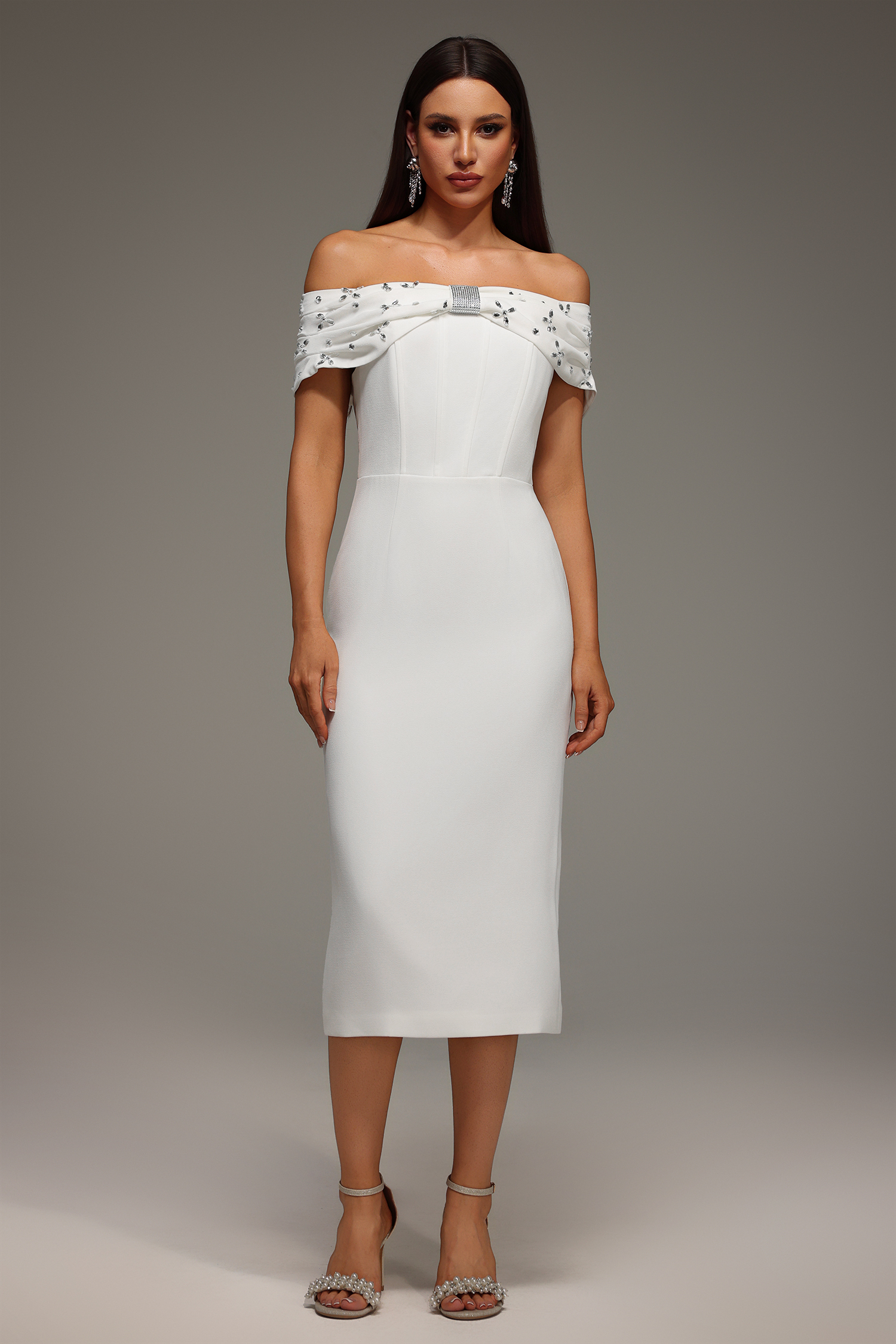 Rosie Sleeveless Off The Shoulder Diamond Bandage Midi Dress