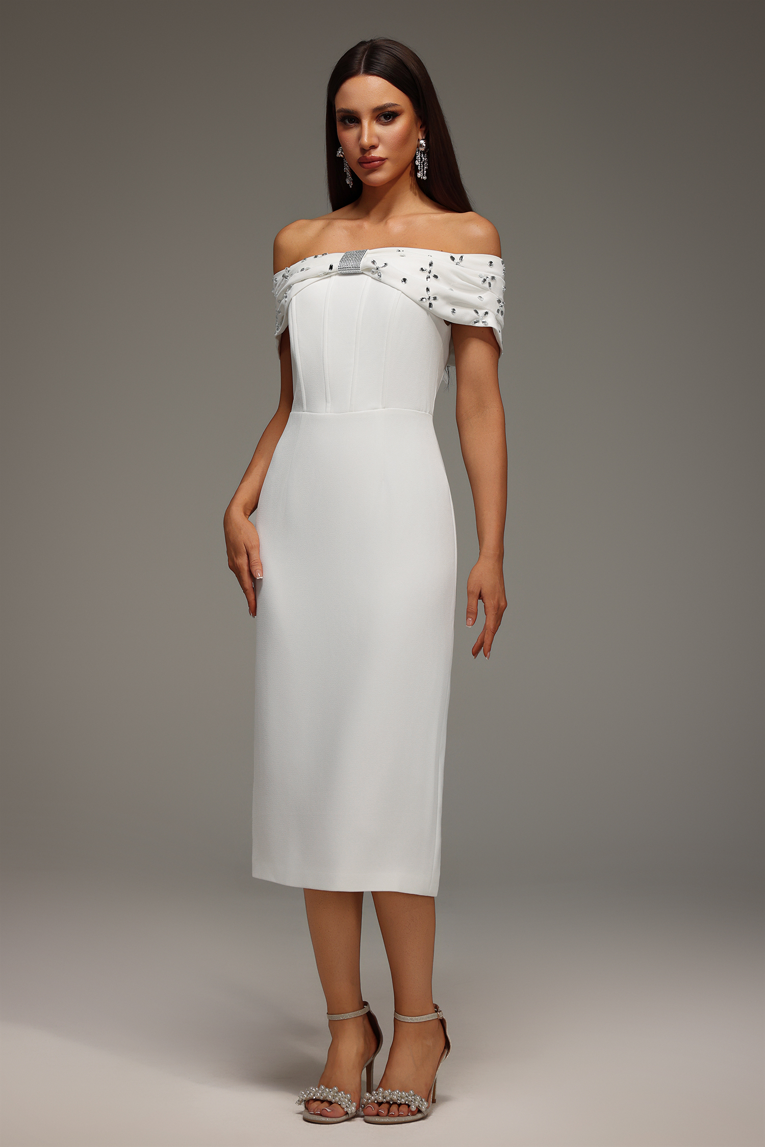 Rosie Sleeveless Off The Shoulder Diamond Bandage Midi Dress